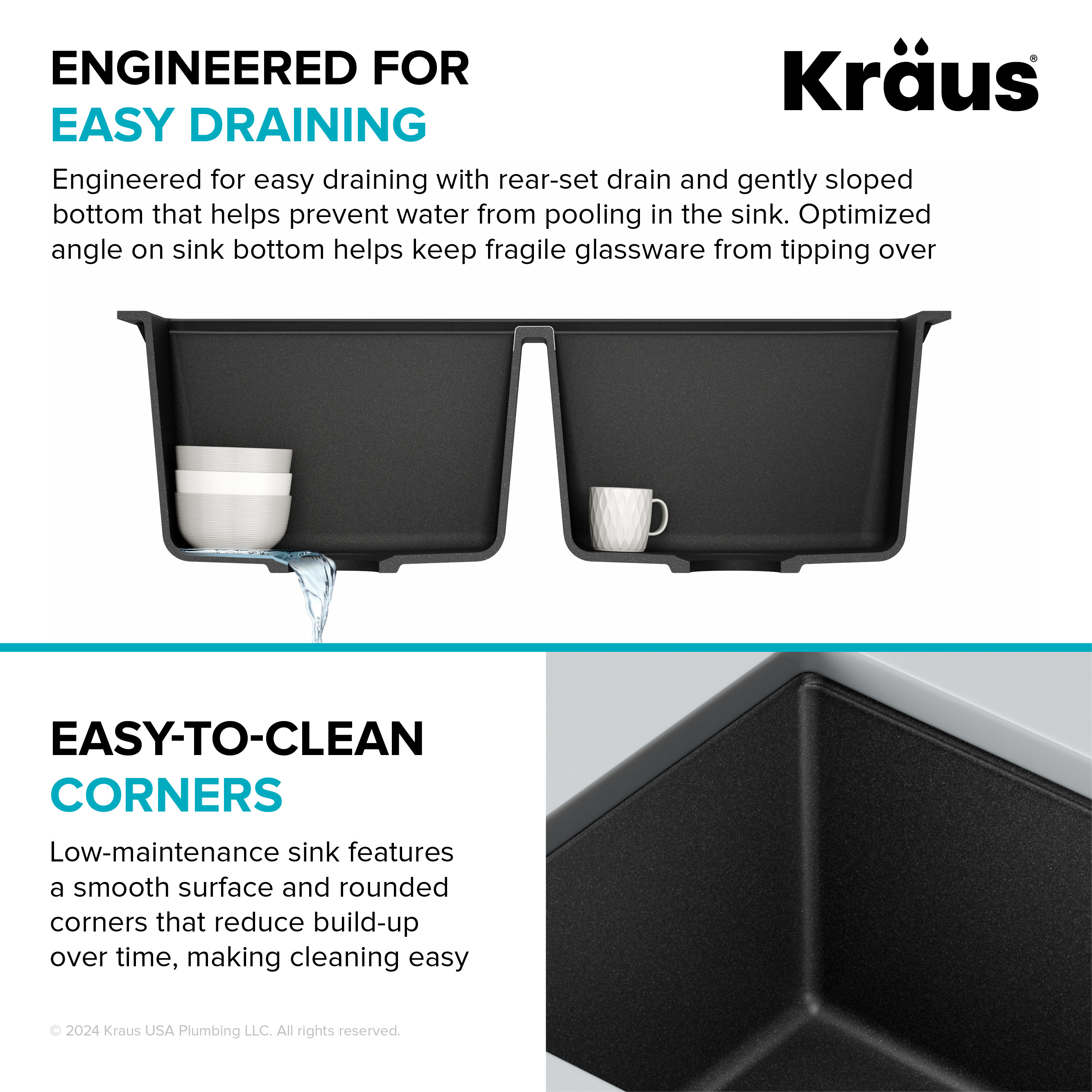 KRAUS 33 inch L Undermount 50/50 Double Bowl Black Onyx Granite Kitchen Sink