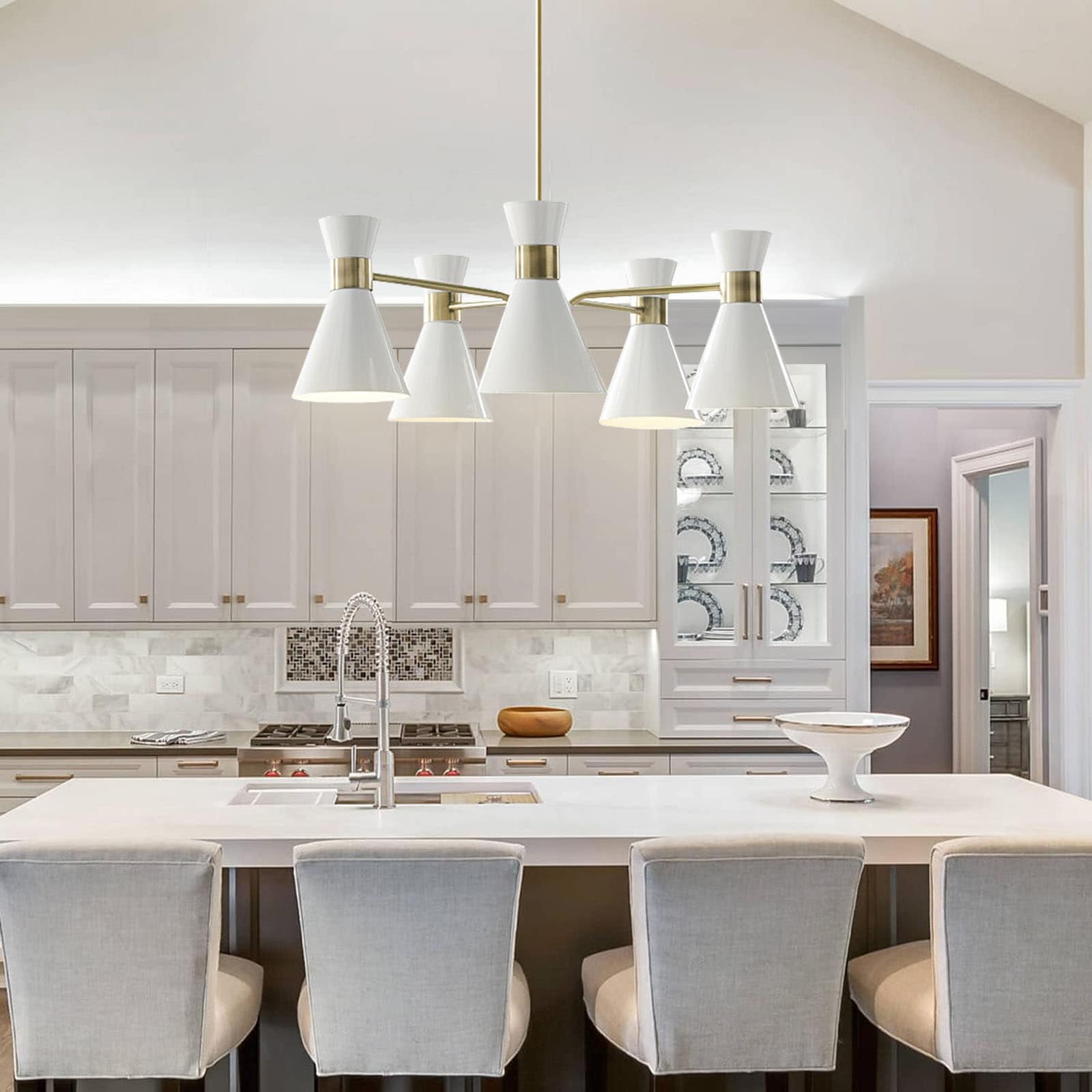 Ezra Mid-Century 5-Light Chandelier in Antique Brass with White Shades