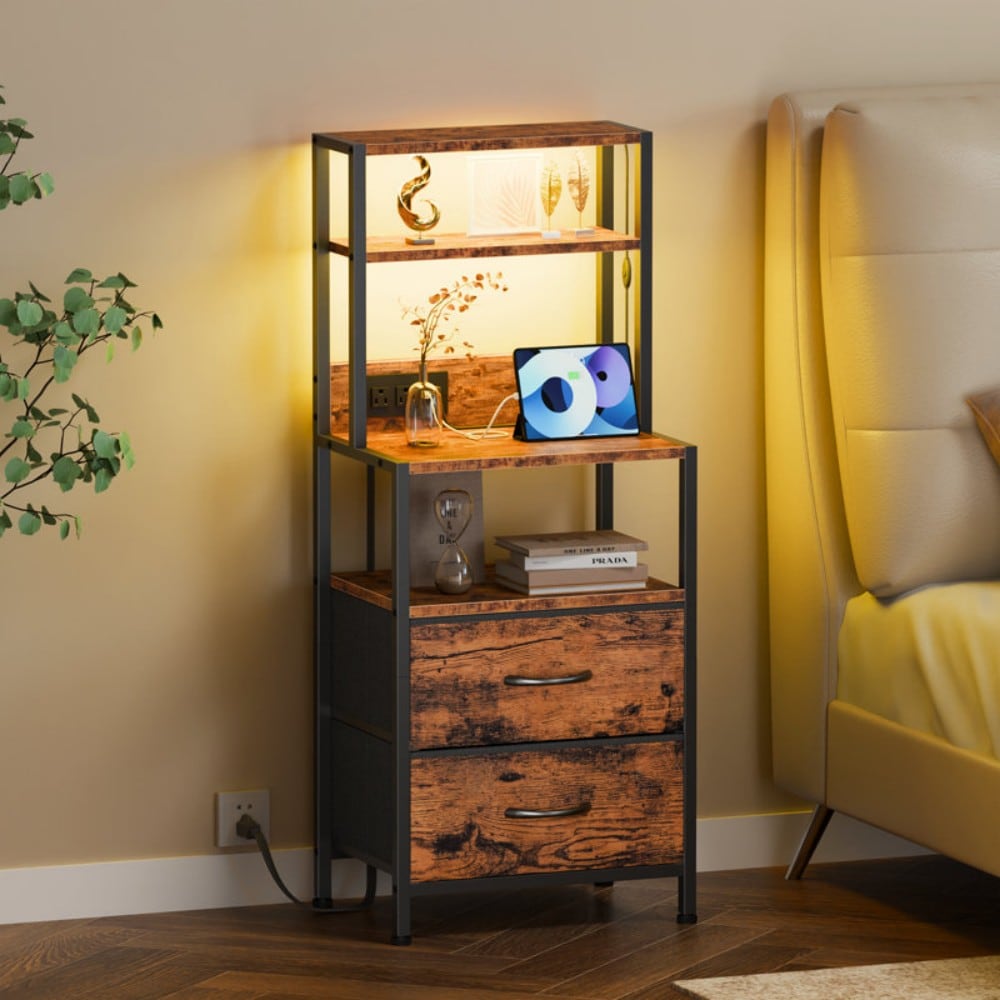 Furologee - Tall Nightstands 4 Tier Storage Shelves 2 PU Fabric Drawers Modern Bedside Tables Nar...