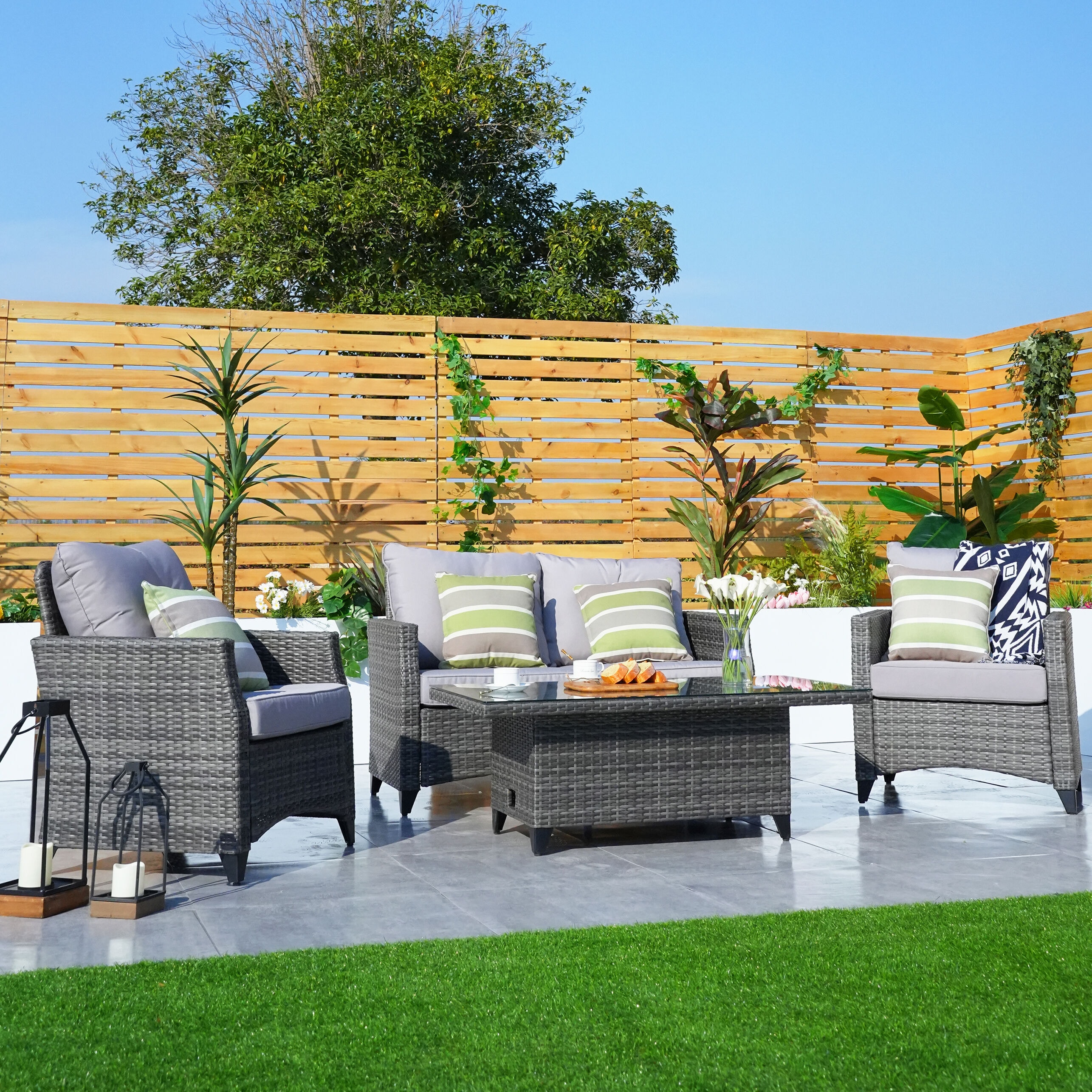 Moda Furnishings PAF-1801LP 4 -Piece Wicker Patio Conversation Set with Gray Cushions