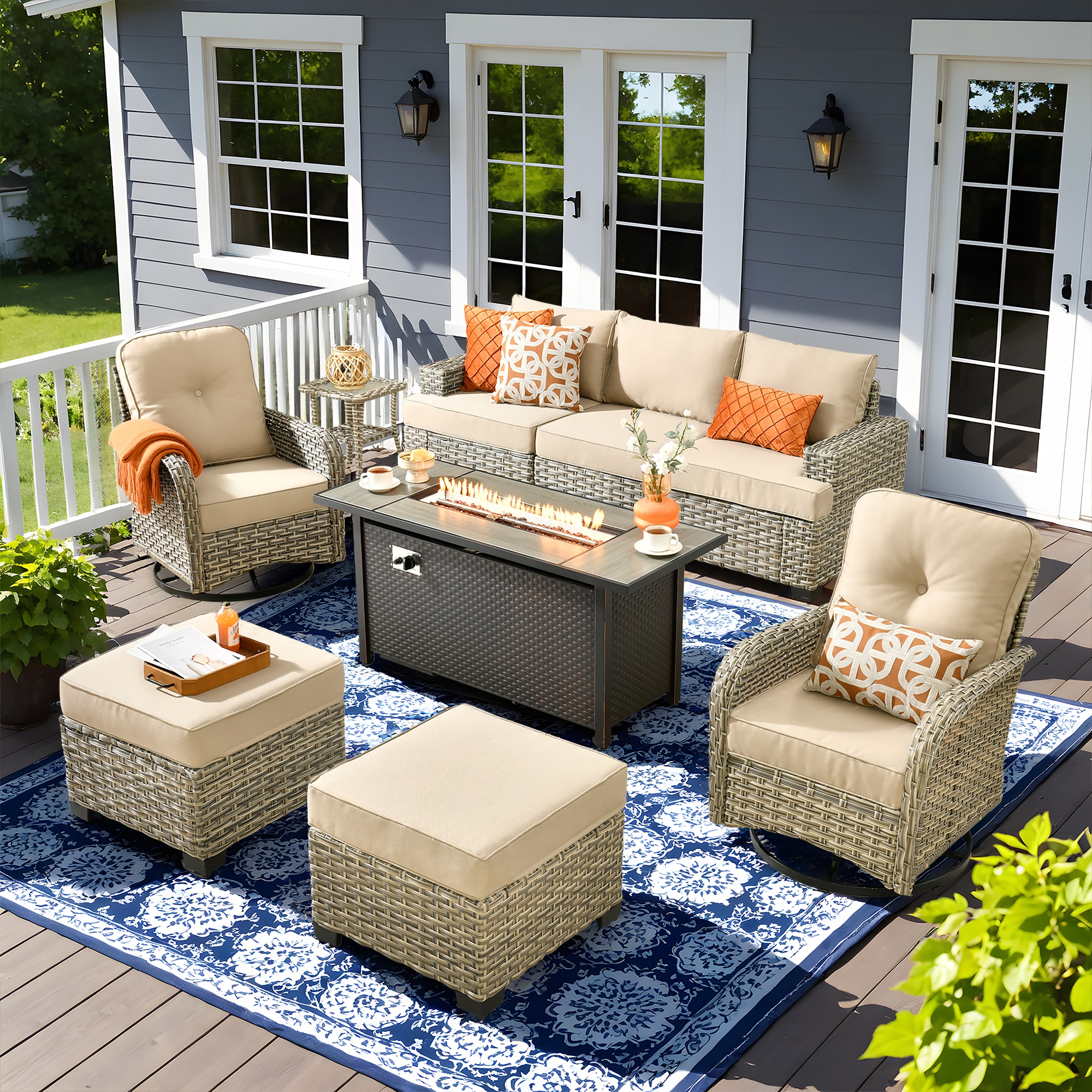 Pouuin SDFPVYZBS606 8 -Piece Wicker Patio Sofa Conversation Set with Beige Cushions