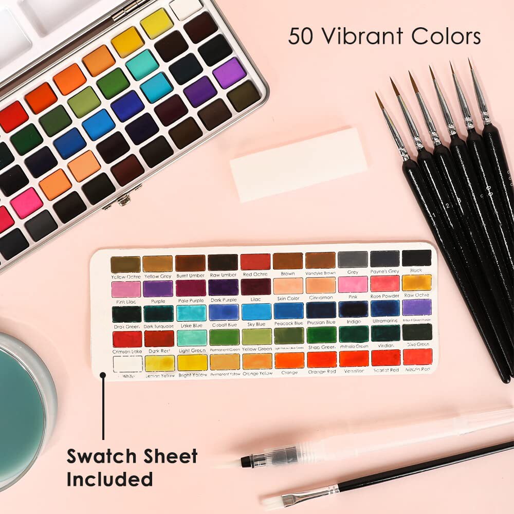 KIWDZFU Watercolor Paint Set with 50 Colors Detail Paint Brushes and ...