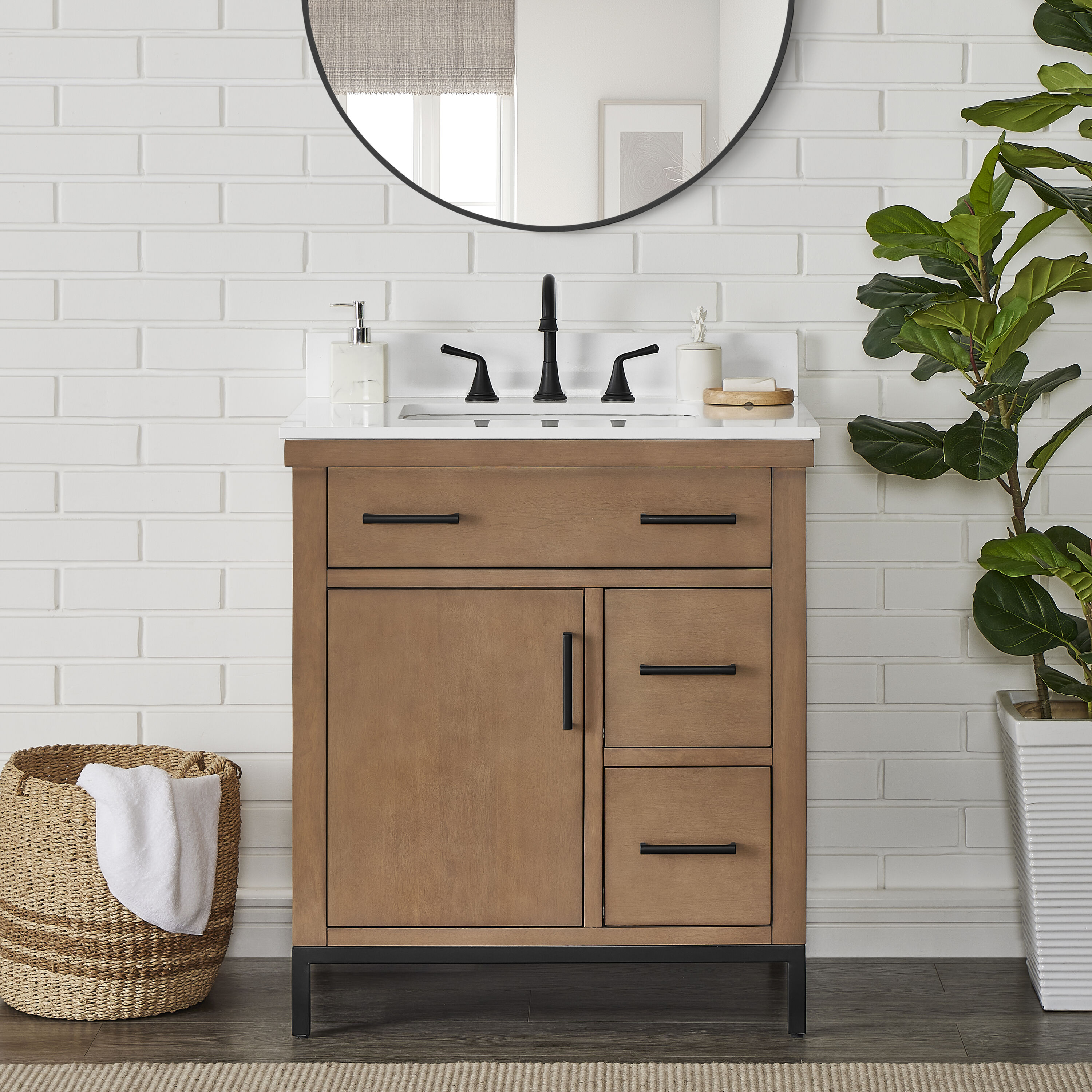 Runfine RF110441 30-in Gunny Undermount Single Sink Bathroom Vanity with Pure White Engineered Stone Top