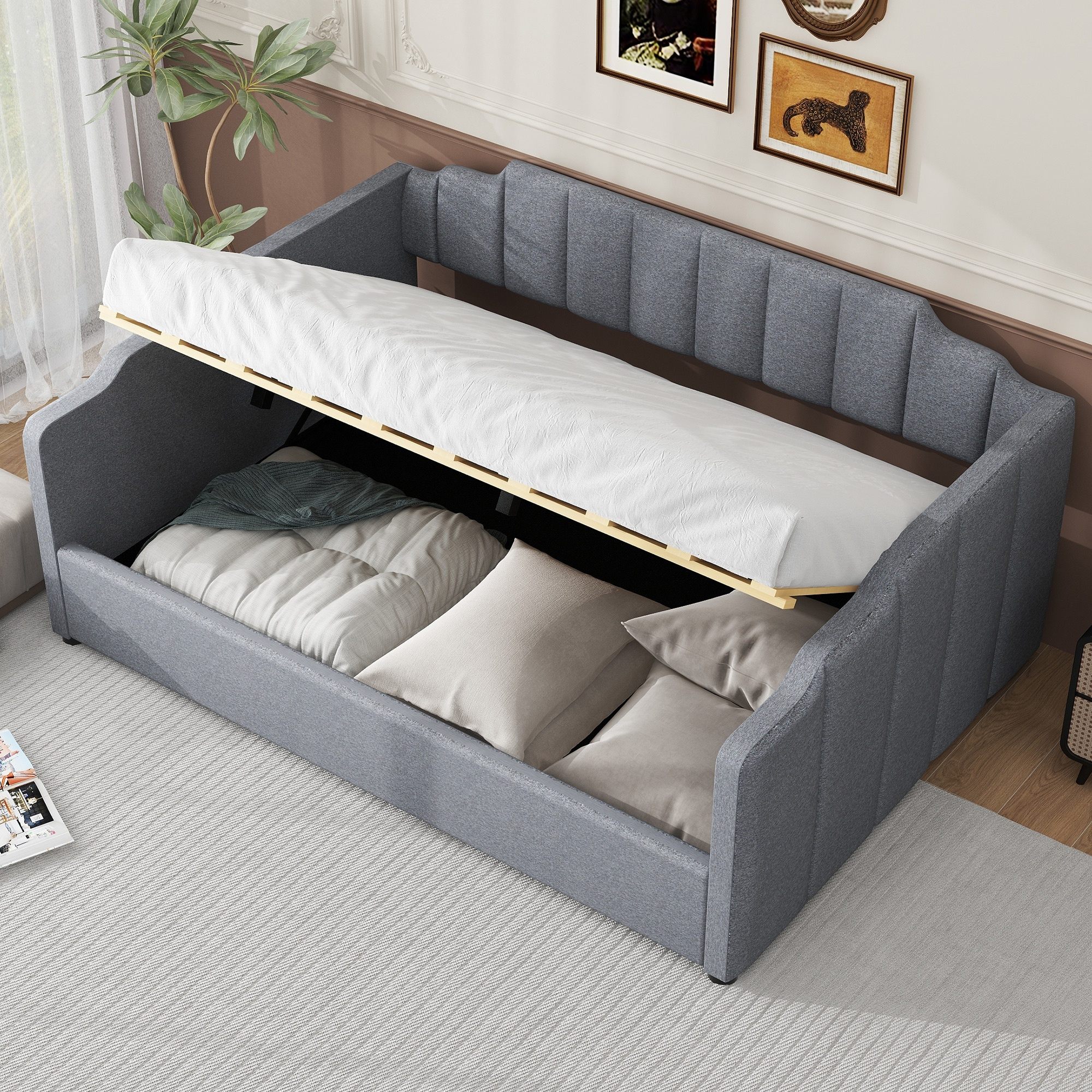 Horizons Prime Full Size Gray Linen Upholstered Daybed with Underneath Storage and Solid Wood Frame