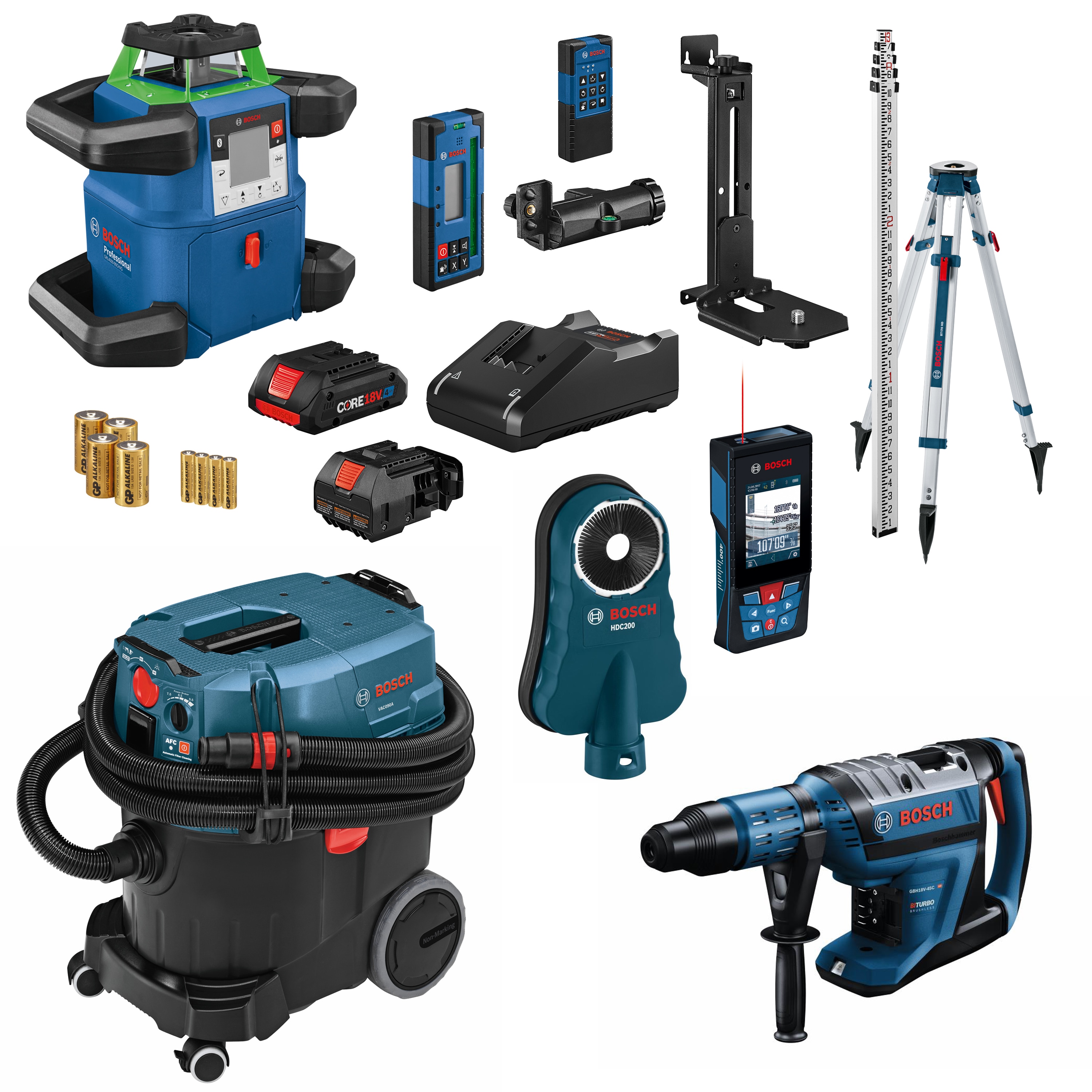 Bosch  18V PROFACTOR™ 1-7/8 In. SDS-max  Rotary Hammer (Bare Tool), Dust Collection Attachment, 9 Gallon Dust Extractor, BLAZE 400-ft Outdoor Red Laser Distance Measurer, and 18V Green-Beam 4000-ft Self-Leveling Horizontal/Vertical Rotary Laser Kit