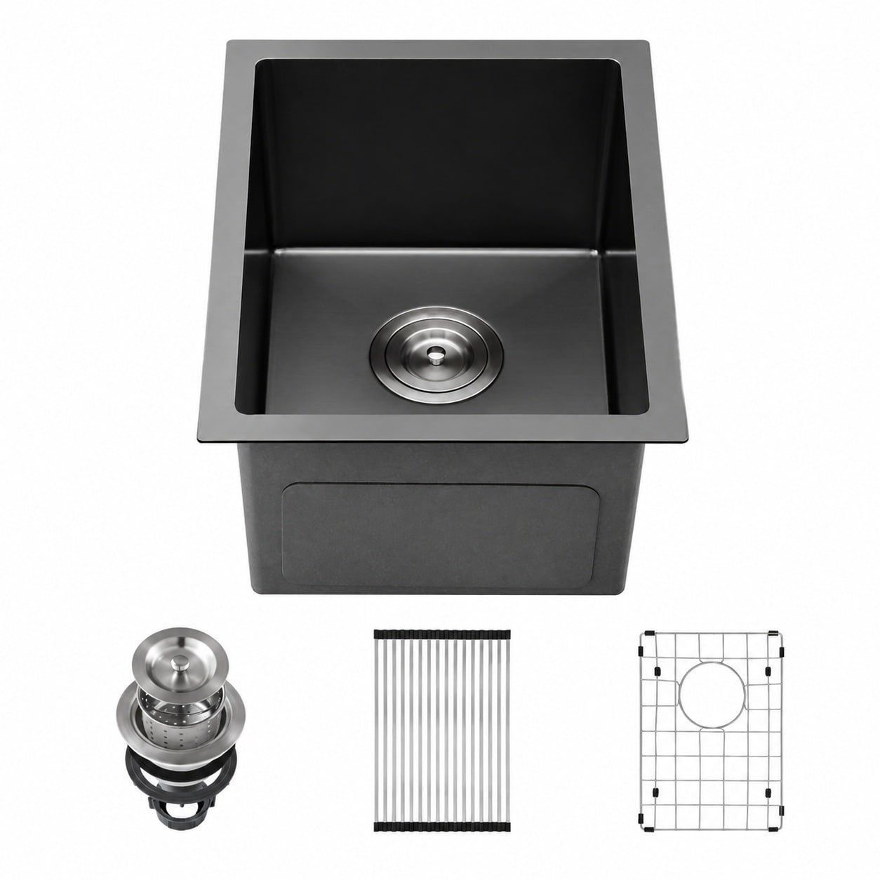 LILILIAN FMY  Black Wet Bar Sink Undermount Fourteen by Eighteen Inch PVD Nano Stainless Steel Single Bowl with Drain Strainer Bottom Rise Grid