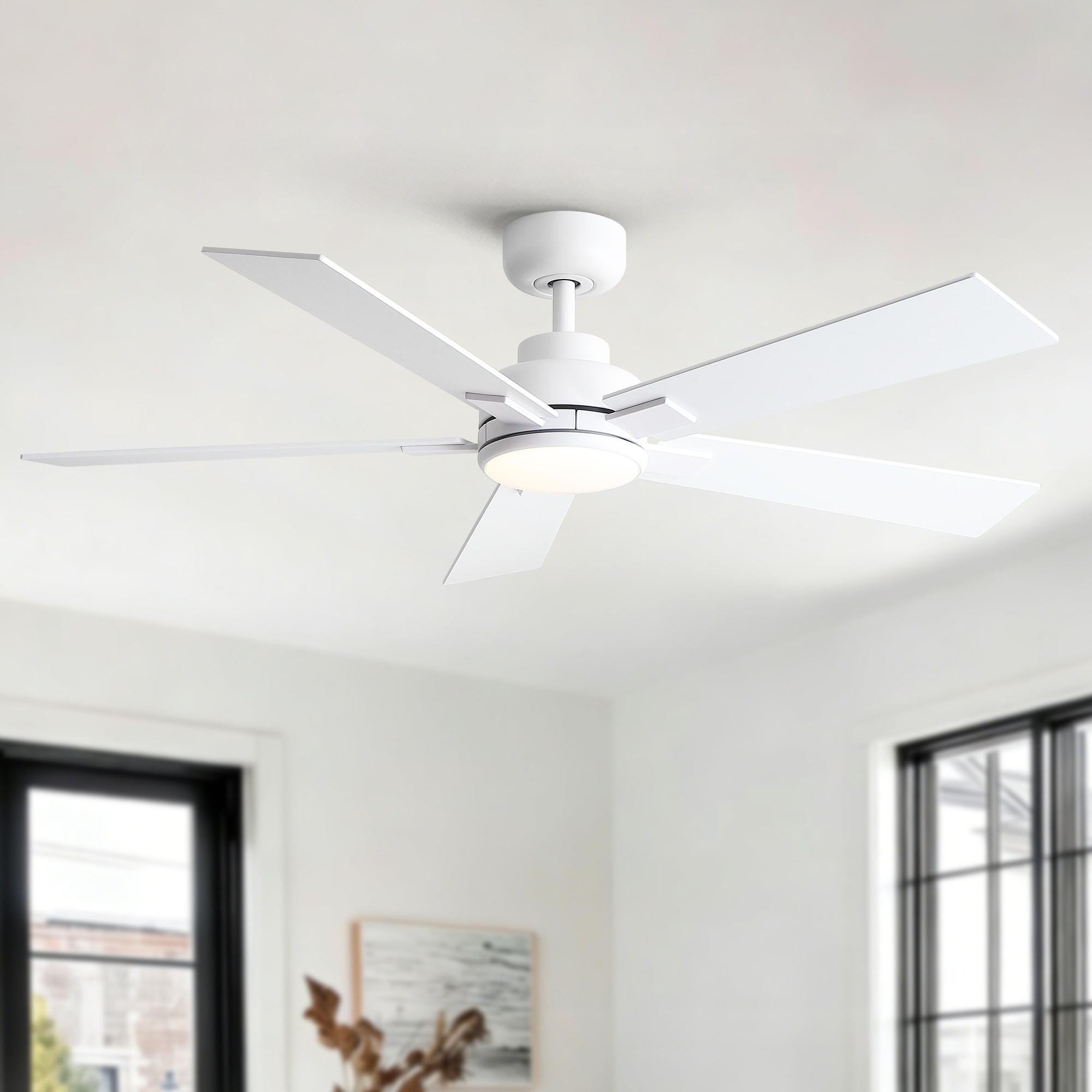 HyperDrop Cart 52-in Matte White Modern Ceiling Fan with Light Remote Integrated LED Dimmable Reversible Motor #B-B7Q3FHSL18ZY