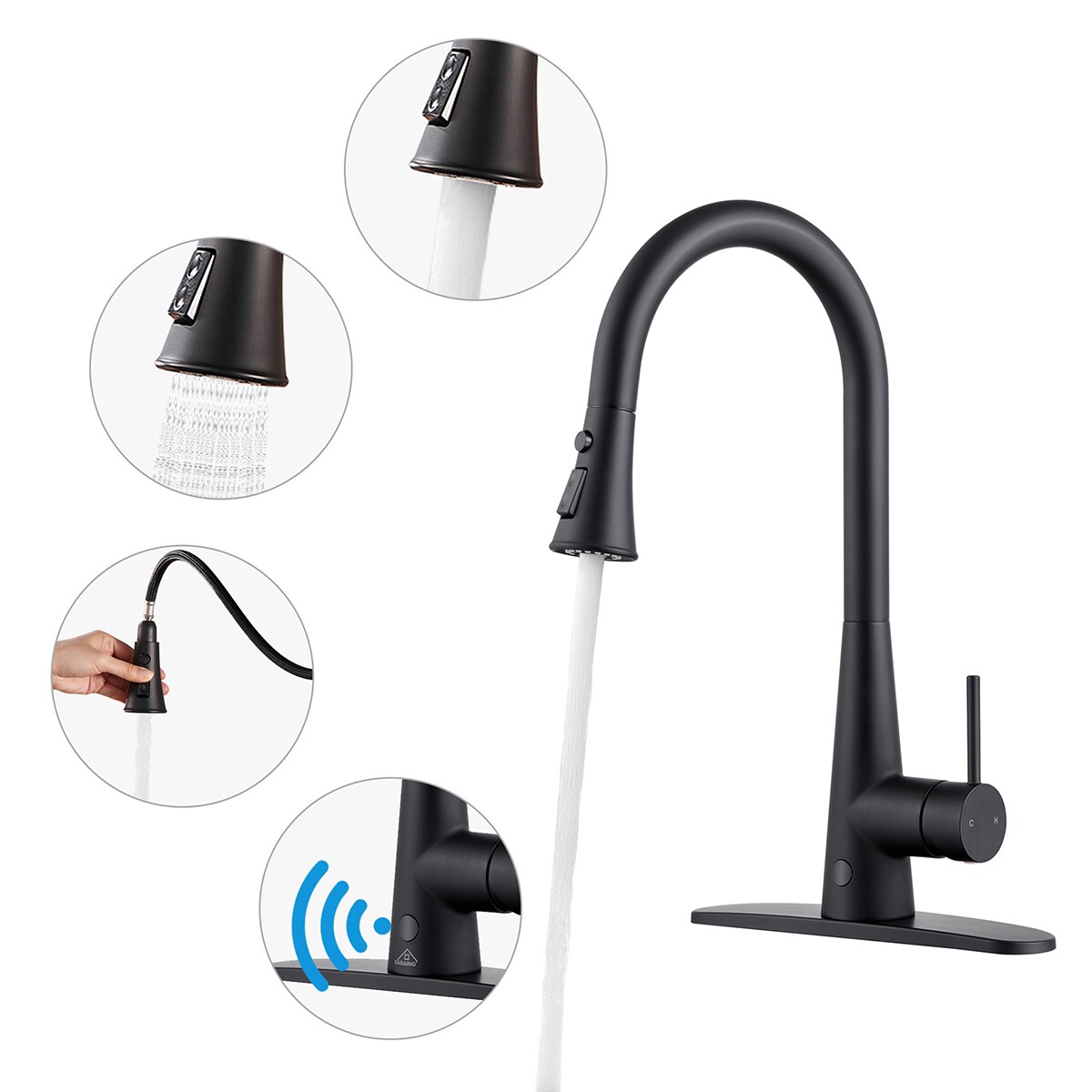 Mondawe MO-DT97058MB Matte Black Single Handle Deck-mount Touchless Pull-down Kitchen Faucet with Sprayer ( Deck Plate Included )