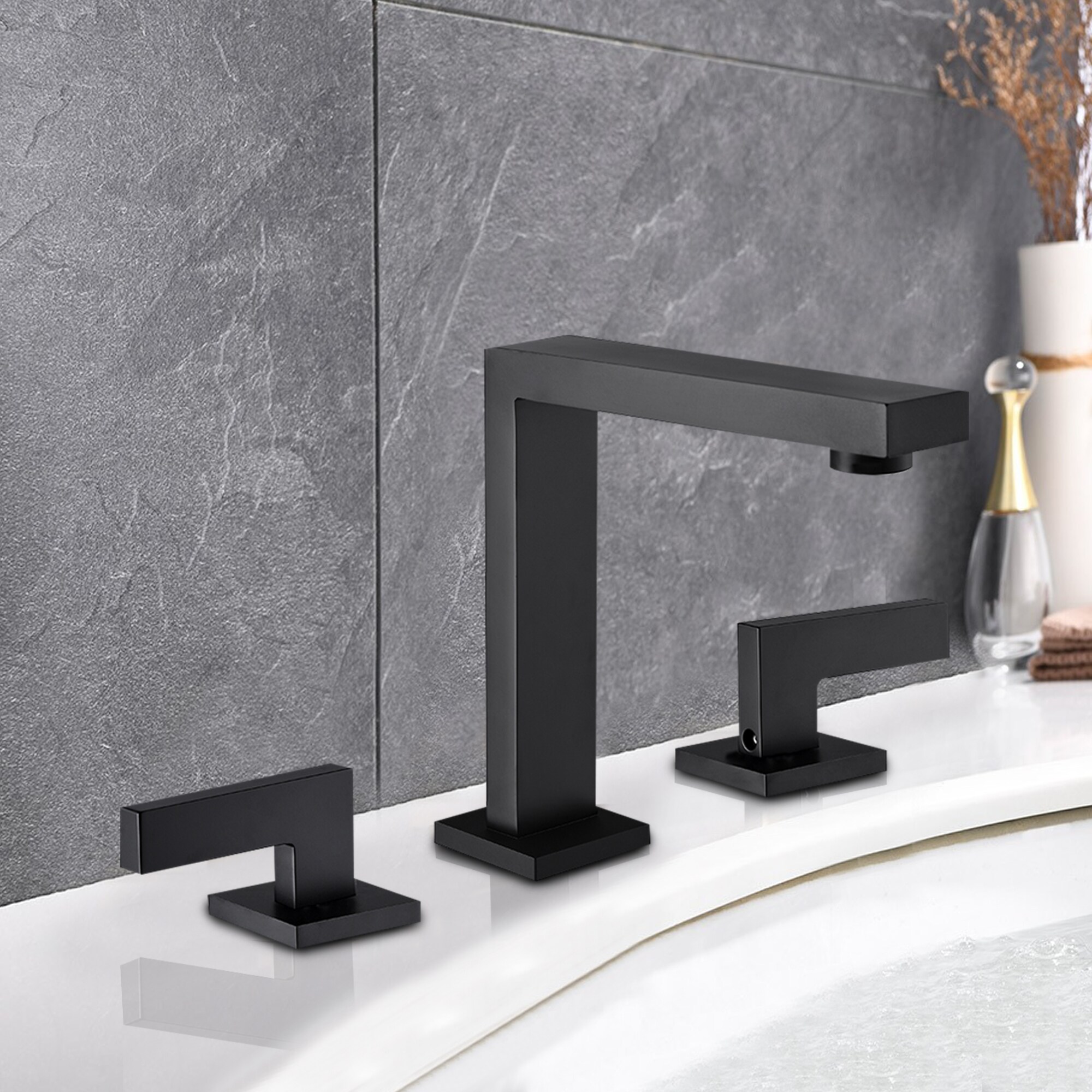 Dyiom Matte Black Victorian Widespread Deck Mounted 3-Holes Double Handles Bathroom Sink Faucet-Word Bath Accessory Set