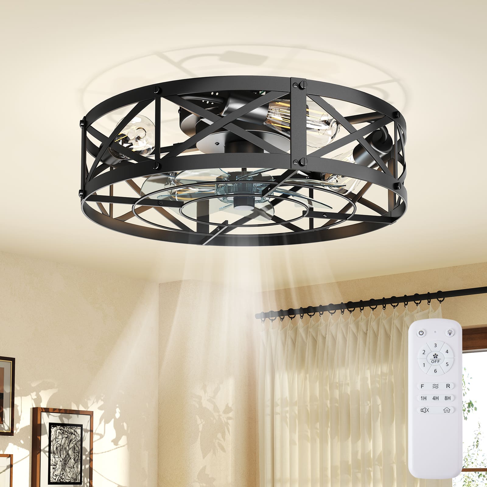 Sweetcrispy 19-in Farmhouse 6-Speed Flush Mount Ceiling Fan with Light and Remote Control Black