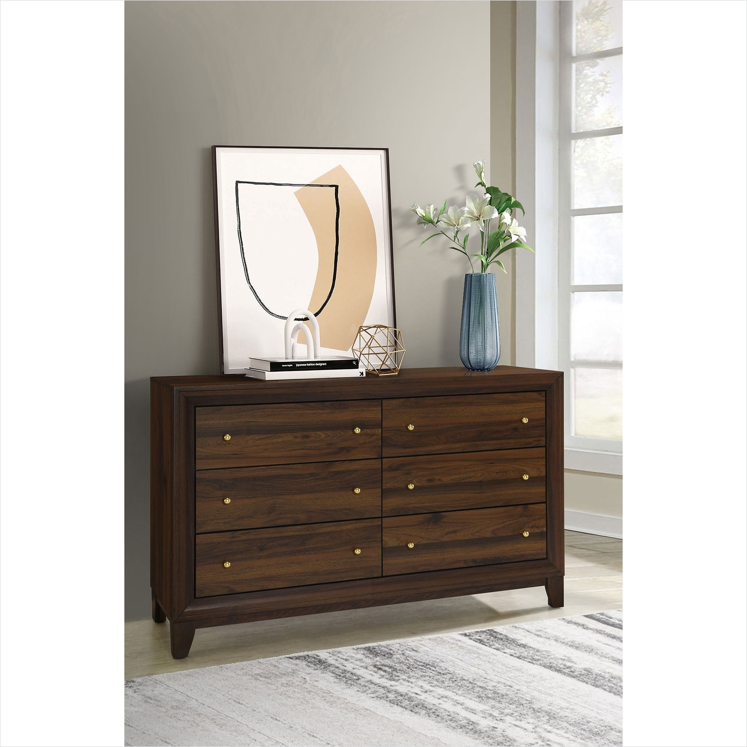 brown double dresser Watnature Six-Drawer for Bedroom Rich Engineered Wood 58.5 Inches Wide with Gold Hardware in the Dressers department at Color Palette Coral Bridesmaid Furniture Sleeve:34 especially when paired with attribute:silhouette:Fit & Flare