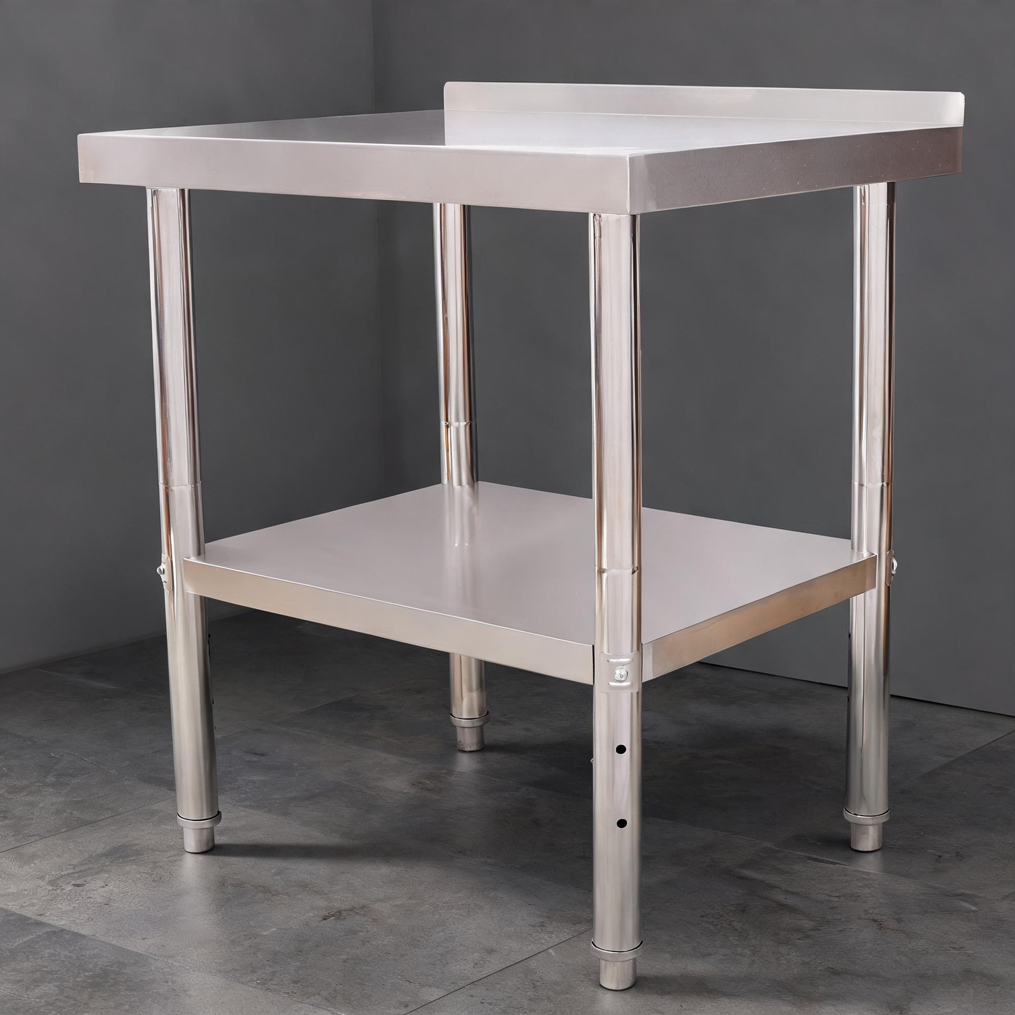 SunJet Silver Table with Storage Shelving and Adjustable Design Metal Frame 24 W x 30 L Silver-Tone Stainless Steel