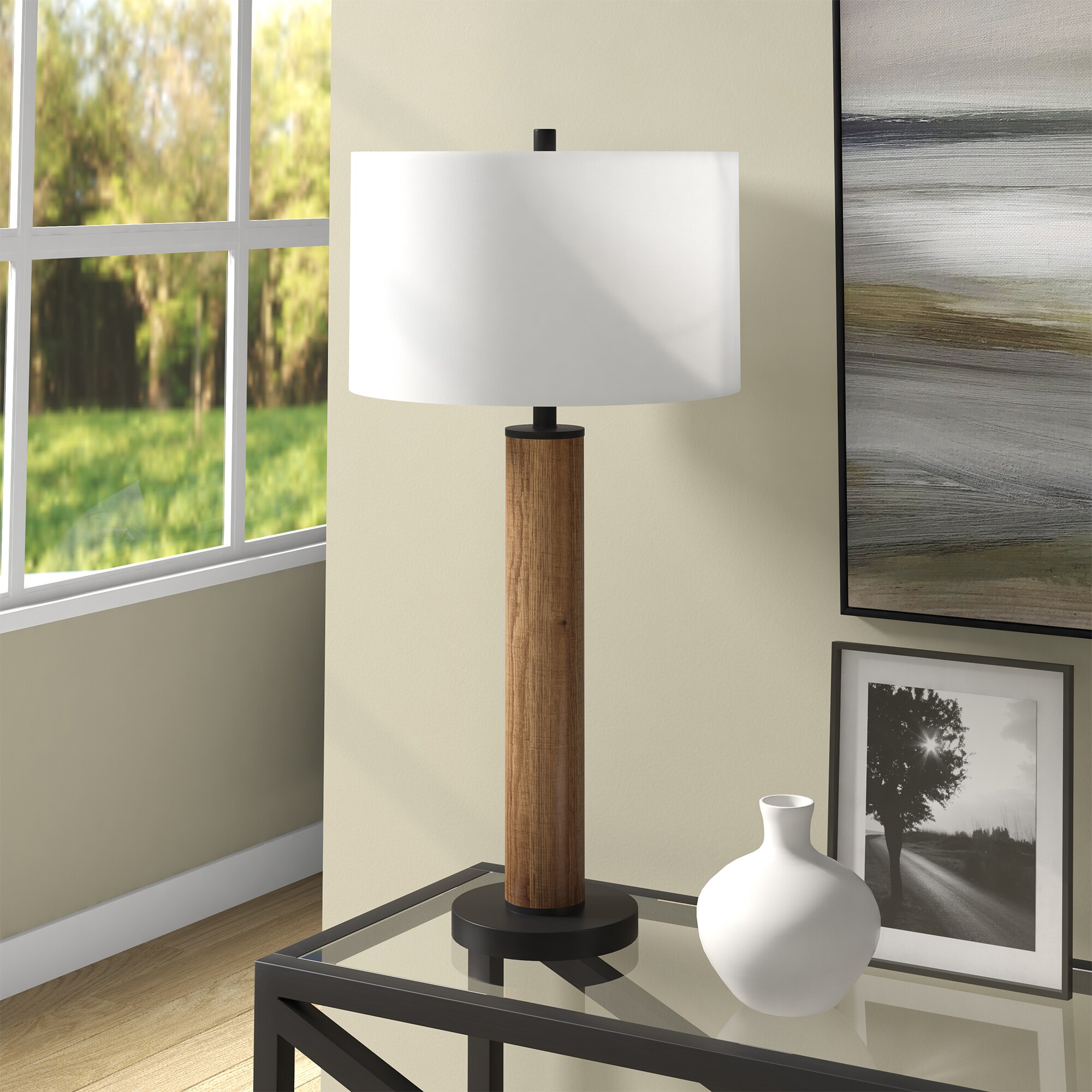 Hailey Home TL1616 Harlow 29-in Rustic Oak/Blackened Bronze LED Incandescent On/Off switch Table Lamp with Fabric Shade