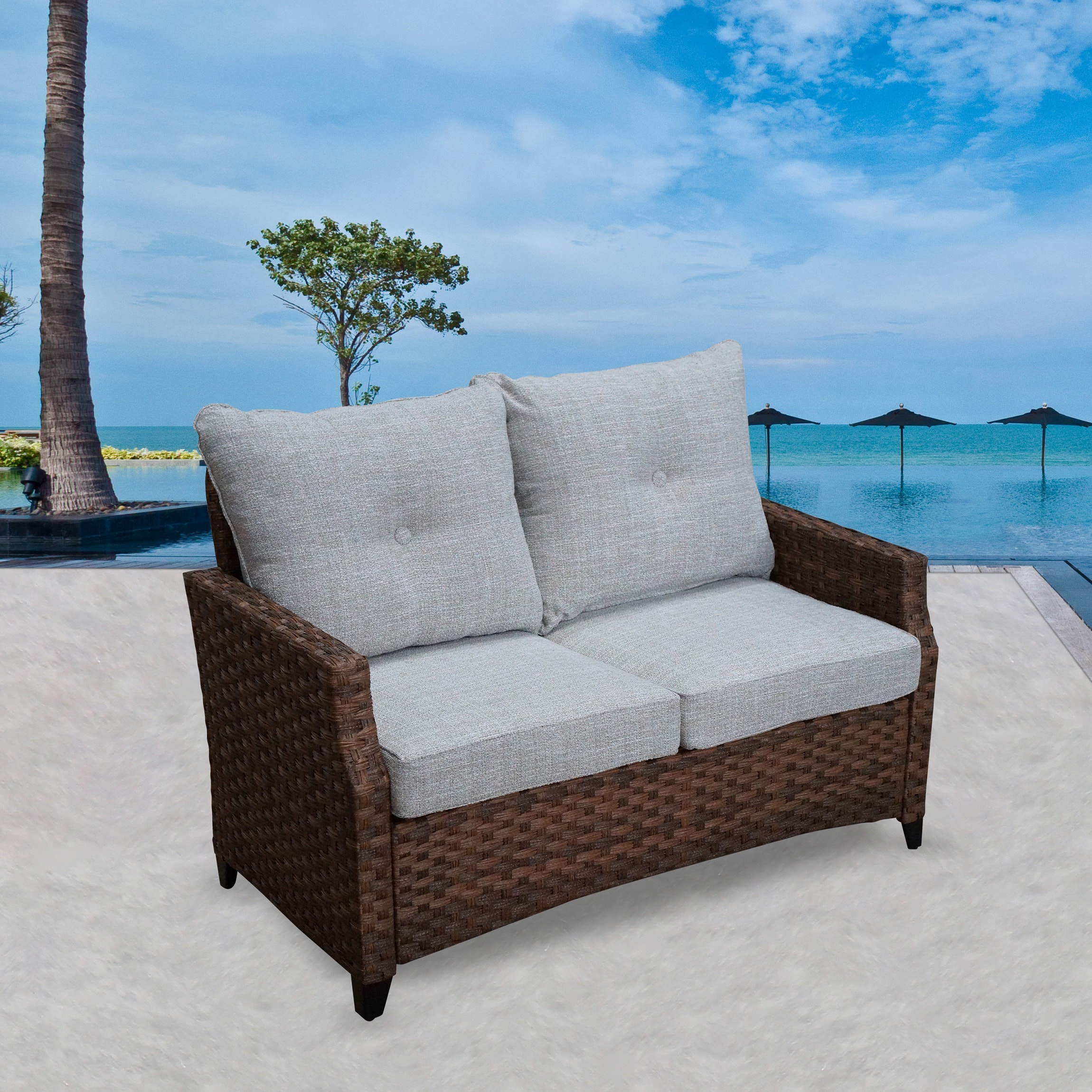 Courtyard Casual 5236 Costa mesa Rattan Outdoor Loveseat with Beige Cushions and Aluminum Frame