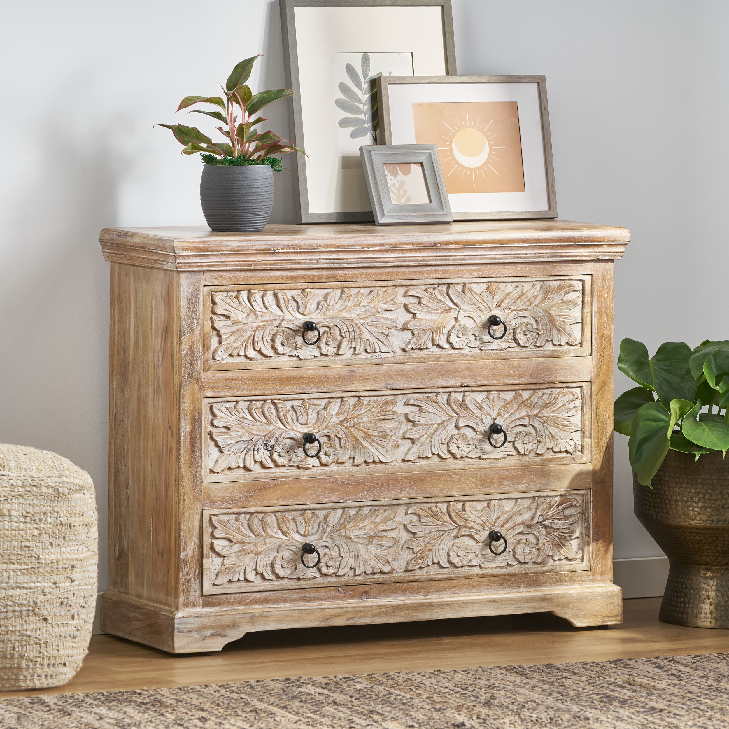 Christopher Knight Home 314517 Holgate Boho Handcrafted Acacia Wood 3-Drawer Chest Natural and White