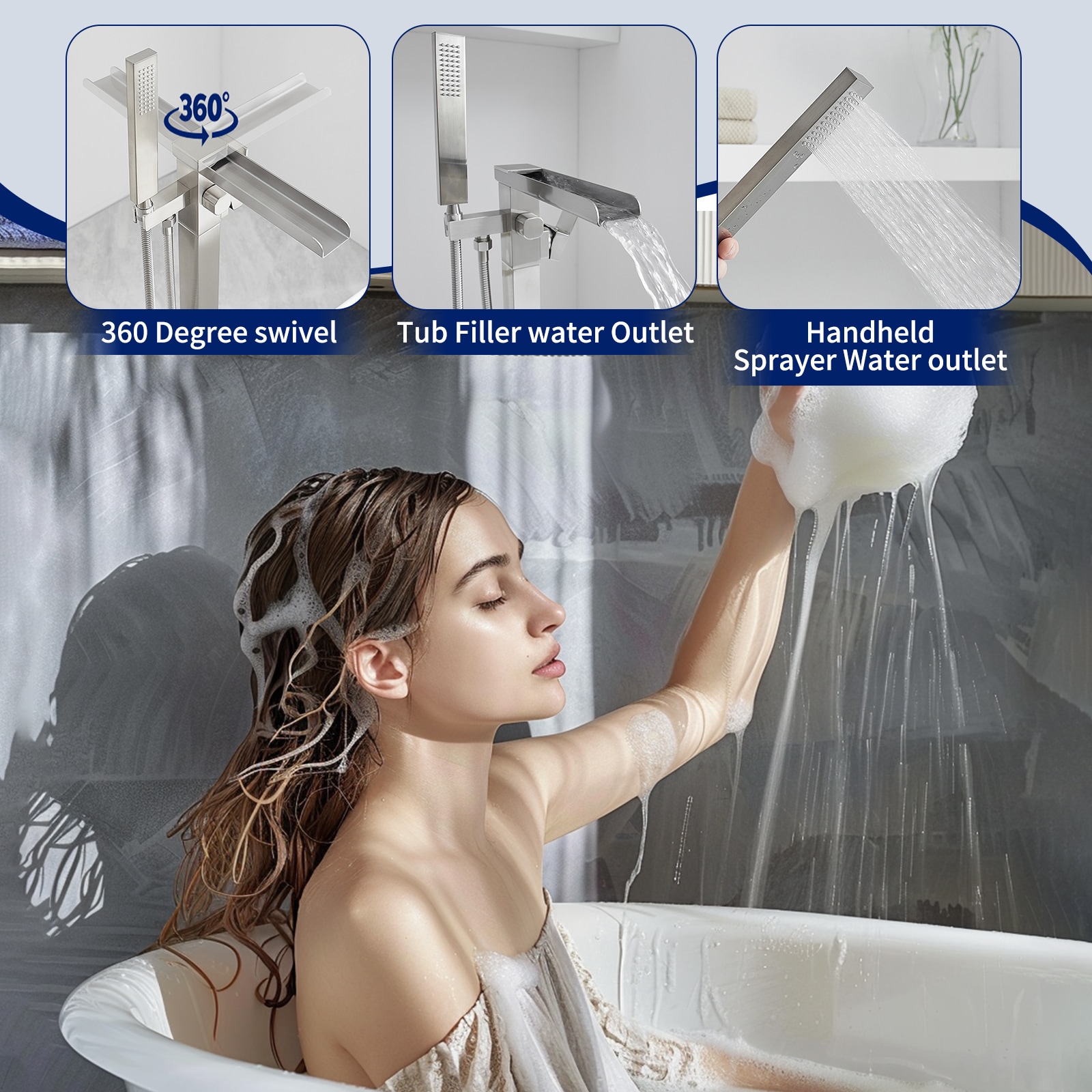 Brushed Nickel Freestanding Waterfall Tub Faucet with Hand Shower