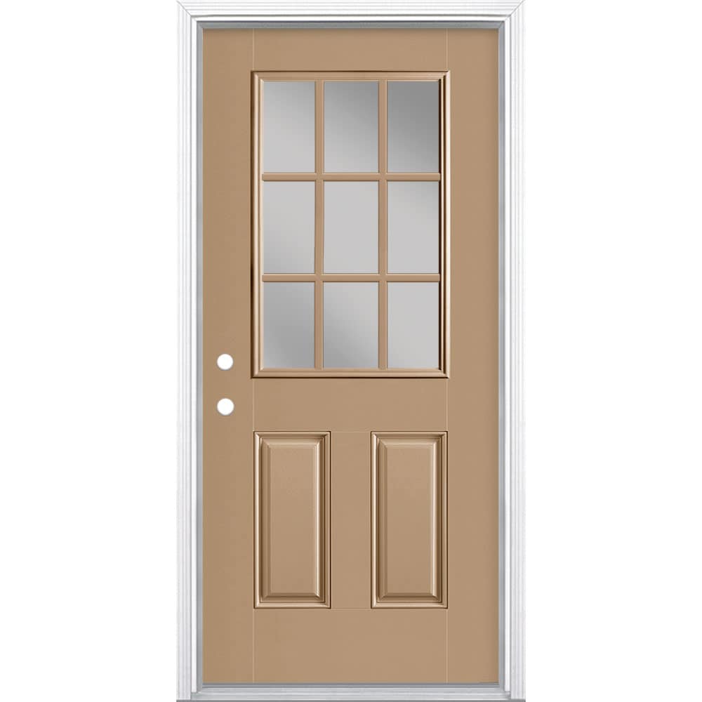 Masonite 1218754 36-in x 80-in x 4-9/16-in Fiberglass Half lite Right-hand inswing Warm Wheat Painted Prehung Front Door with Brickmould Insulating core with Grilles