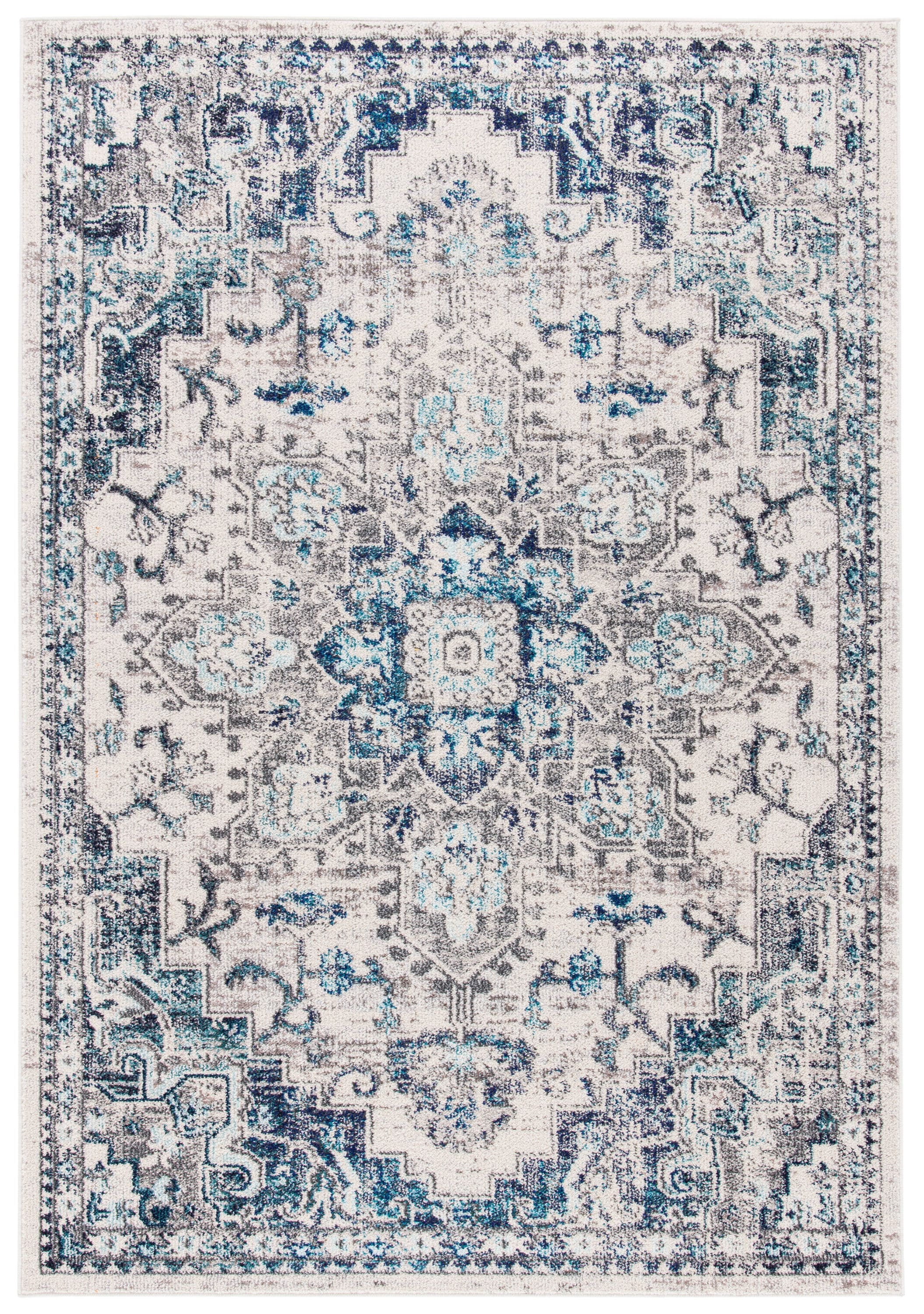 Ivory and Grey Synthetic 6' x 9' Distressed Medallion Area Rug