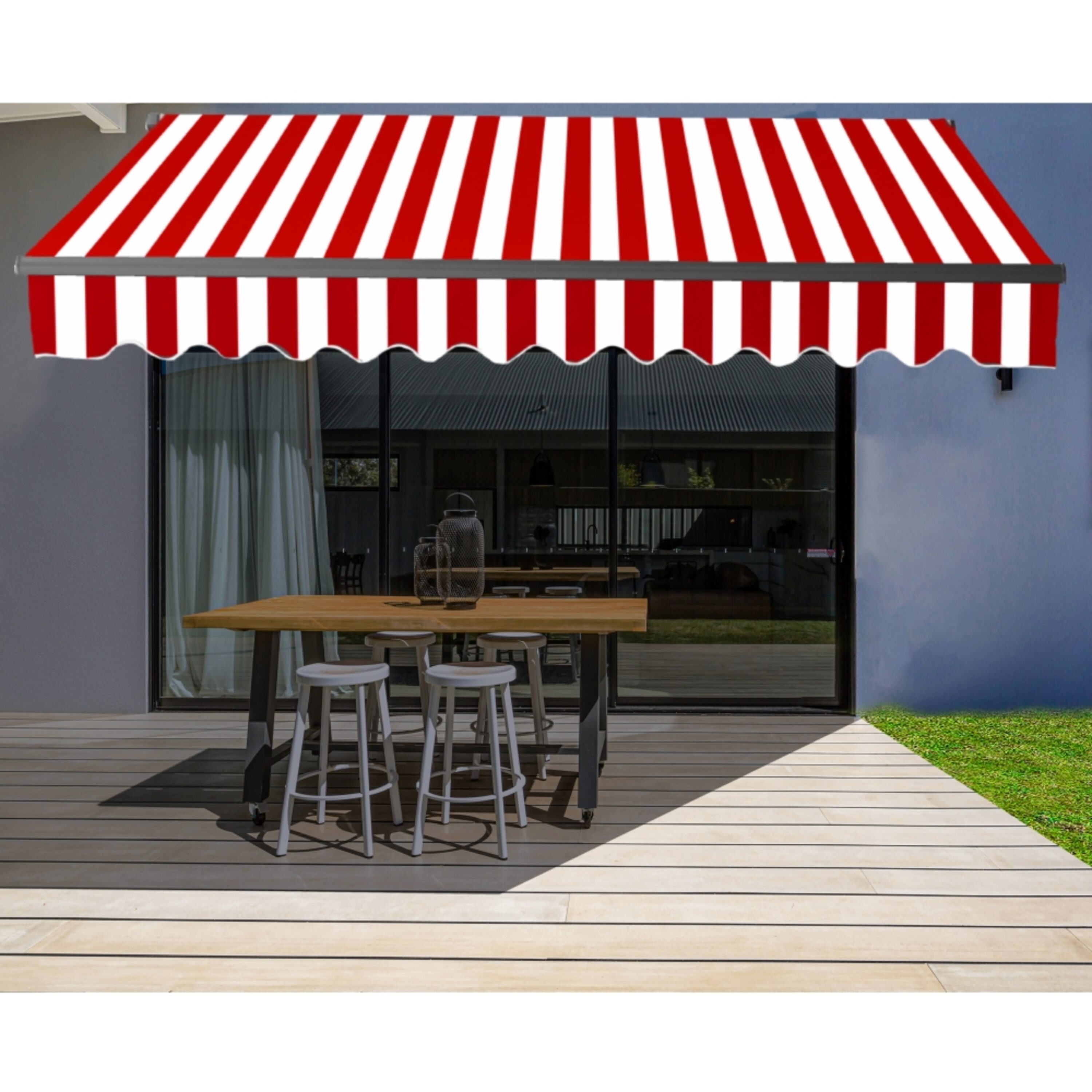 ALEKO ABM16X10REDWH05-LO 192-Inches Wide x 120-Inches Projection x 10-Inches Height Metal Red White Stripe Striped Motorized Retractable Patio Awning