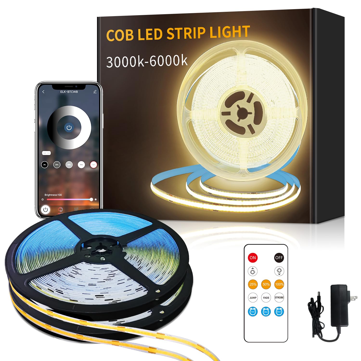 Yeewhale COB LED Strip Lights 100ft 3000K Warm White Dimmable 24V DC Flexible Tape Light with Remote and App Control 2 Rolls of 50ft