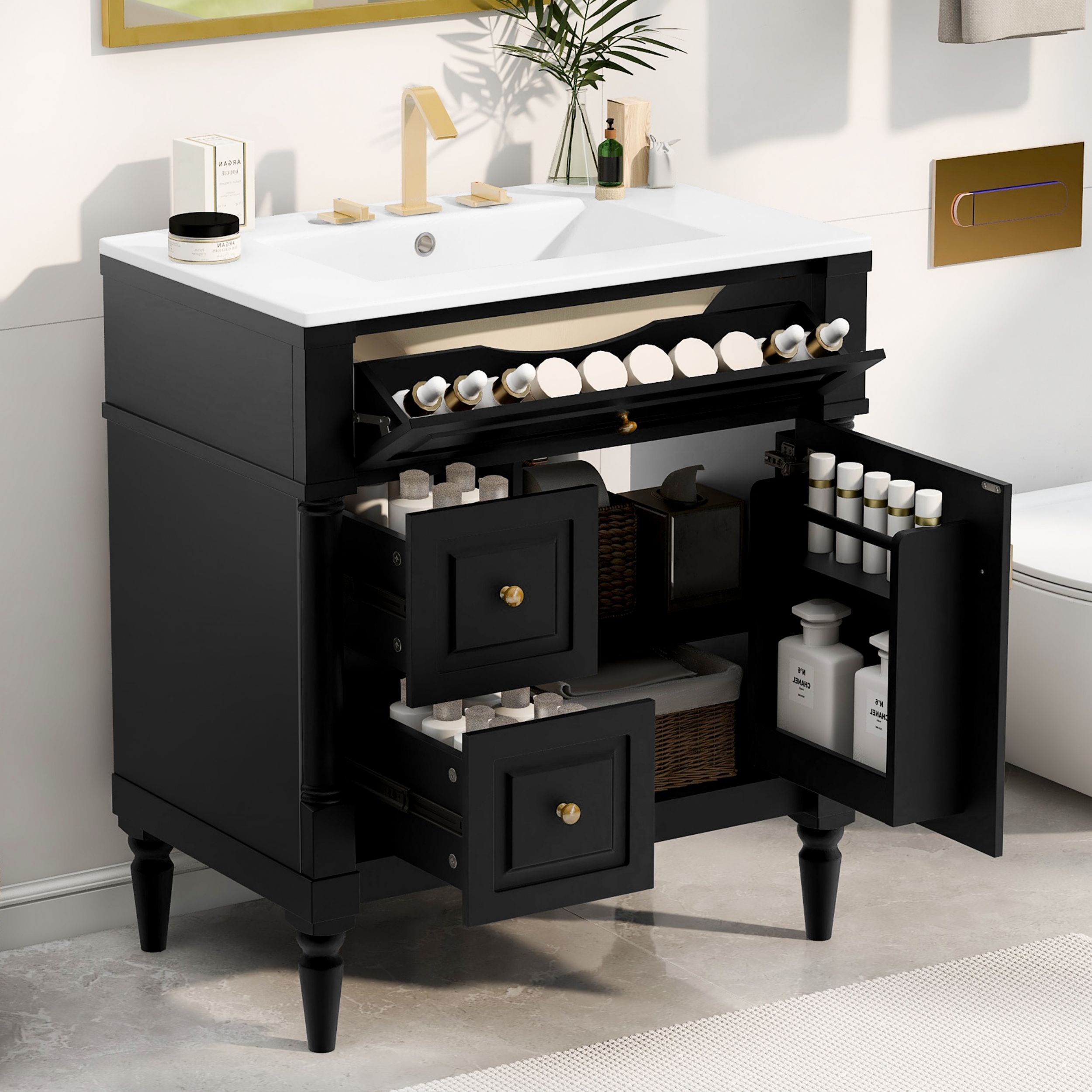 Poinic Assembly Required 30-in Black Undermount Single Sink Bathroom Vanity with White Ceramic Top