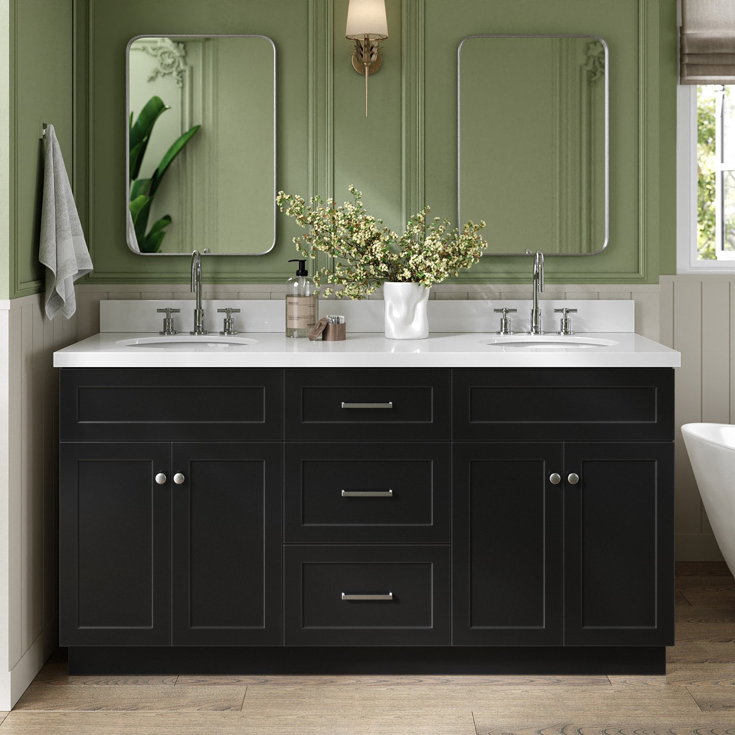 ARIEL F067DWQOVOBLK Hamlet 66-in Black Undermount Double Sink Bathroom Vanity with Pure White Quartz Quartz Top