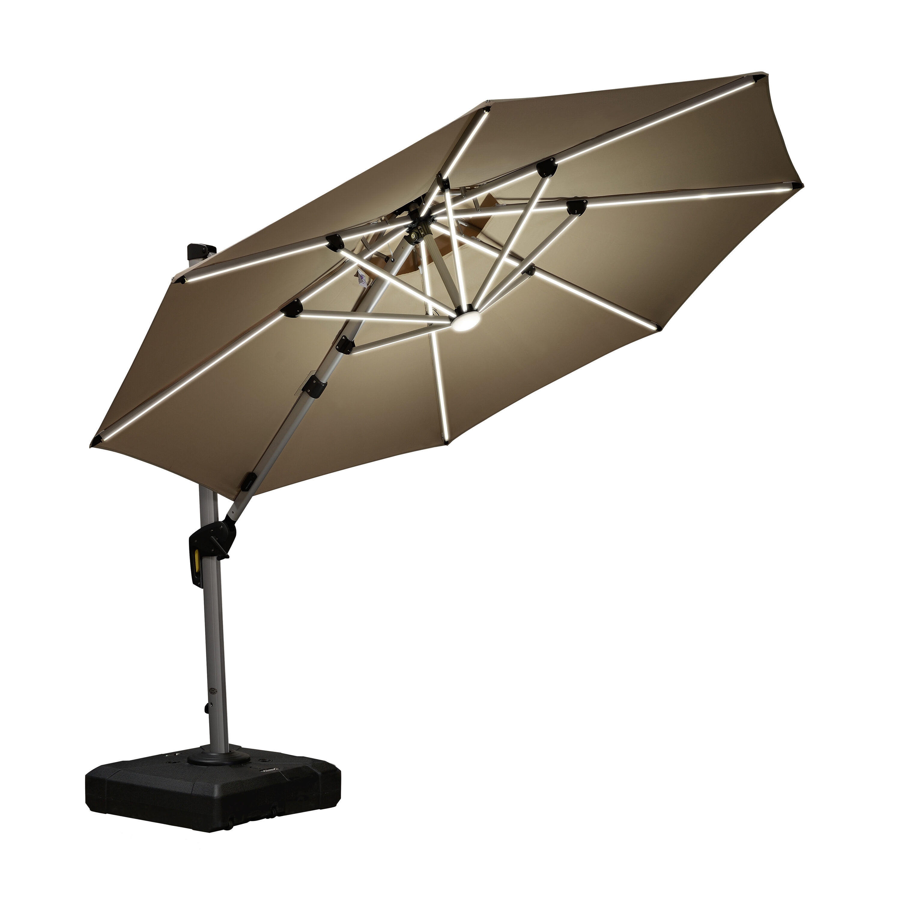 PURPLE LEAF LSGLRRDT11-KK 11-ft Aluminum Beige Crank Cantilever Patio Umbrella with Lights and