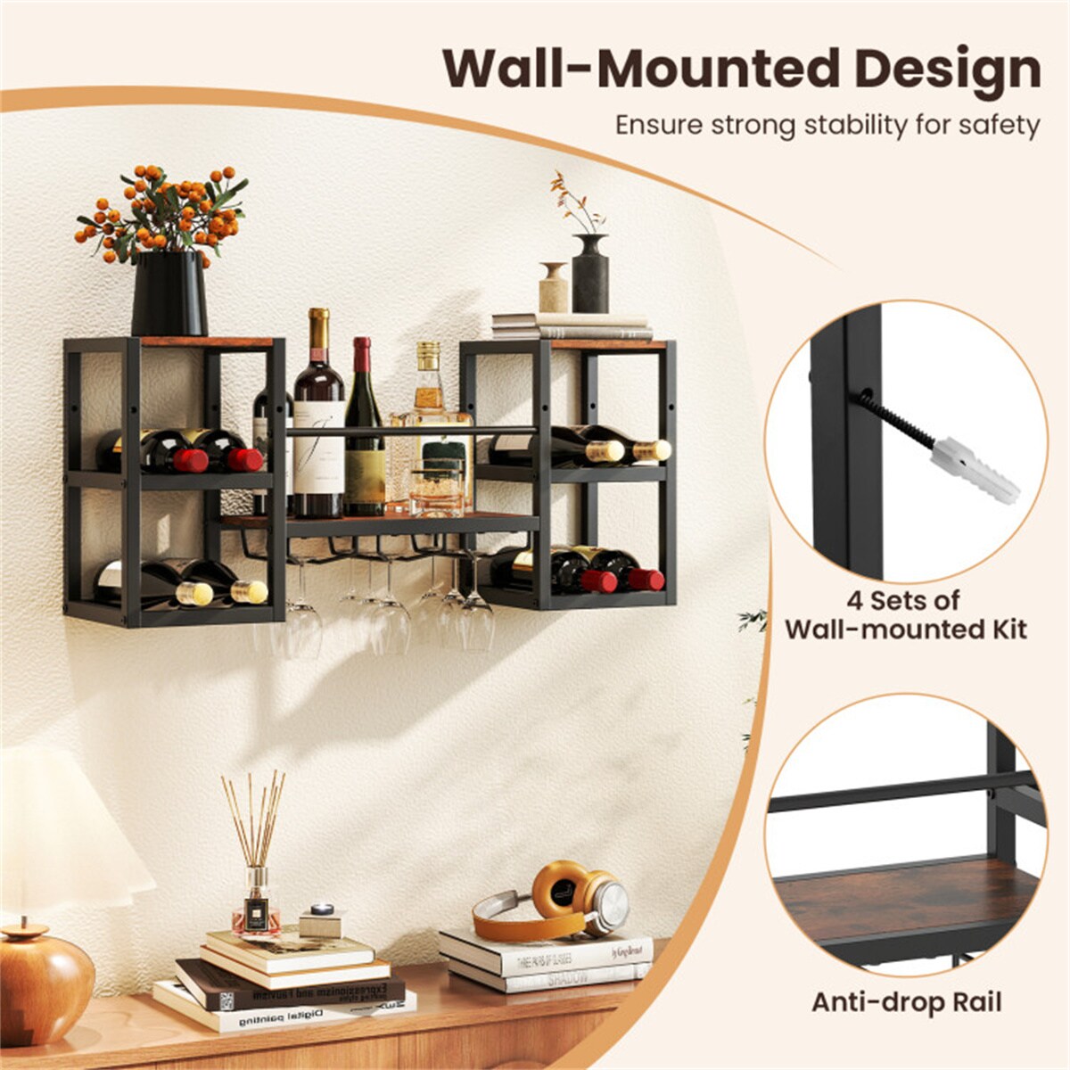 Zyerch Wall Mounted Wine Rack Rustic Brown Metal Frame 8 Bottle Wine Glass  Holder Open Shelves for Kitchen Dining Room Bar Wall Storage Organizer in  the Kitchen Cabinets department at Lowes.com