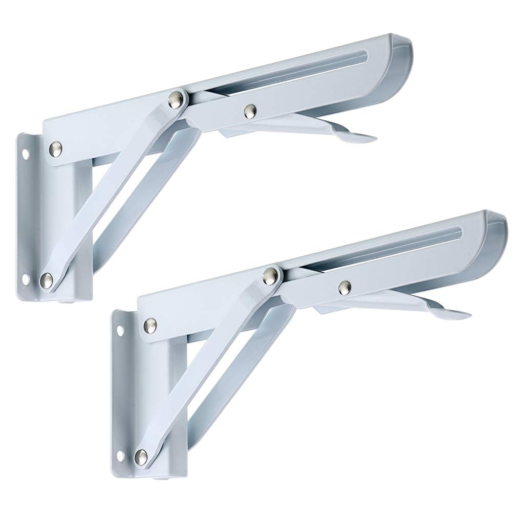 Vrbgify  Folding Shelf Brackets 2 pcs 8 Inch White Heavy Duty Metal Triangle Wall Mounted Support for Table Bench Counter Space Saving Design