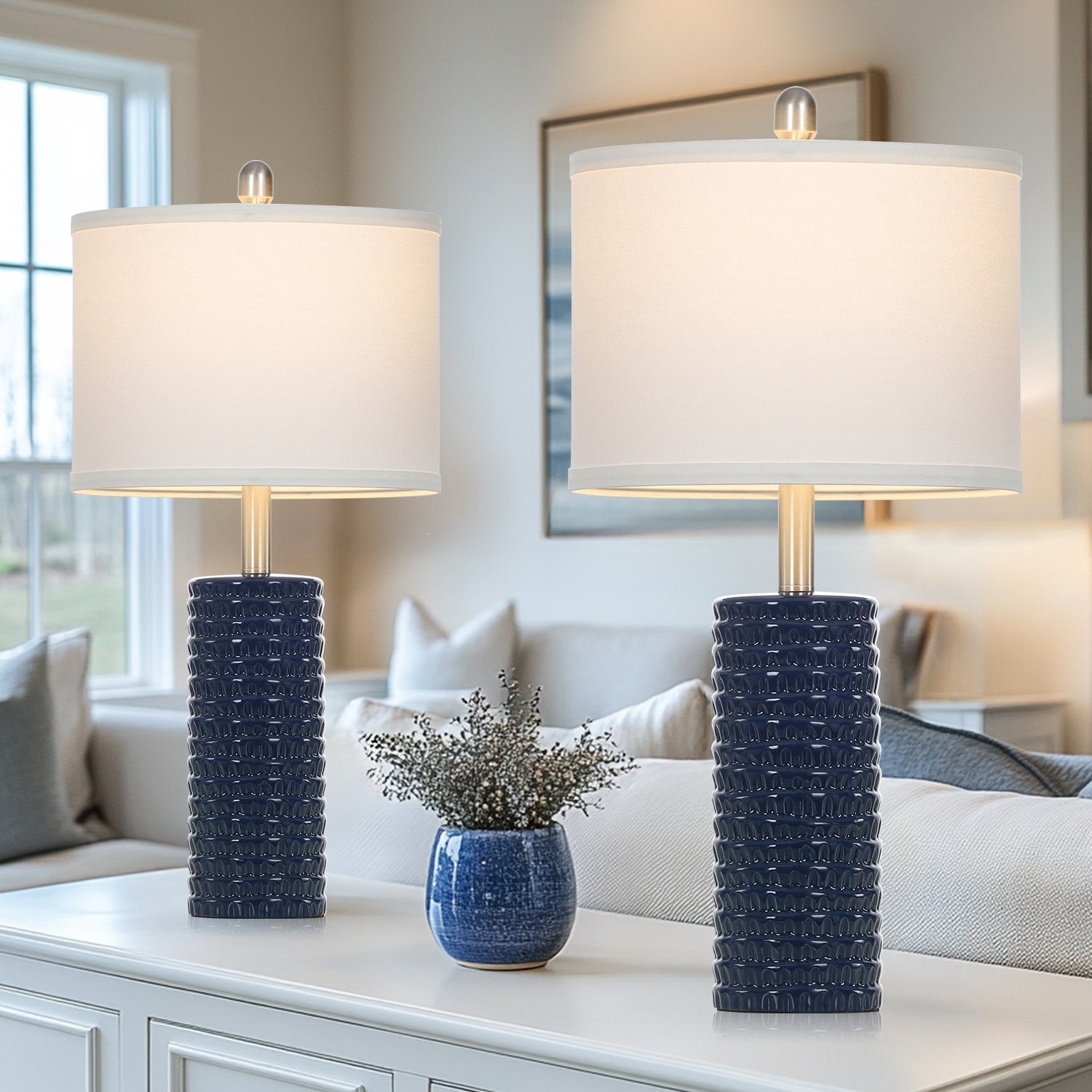 UrFurnishings TD-519 Modern 24.5-in Nickel LED Incandescent Rotary socket Table Lamp with Linen Shade