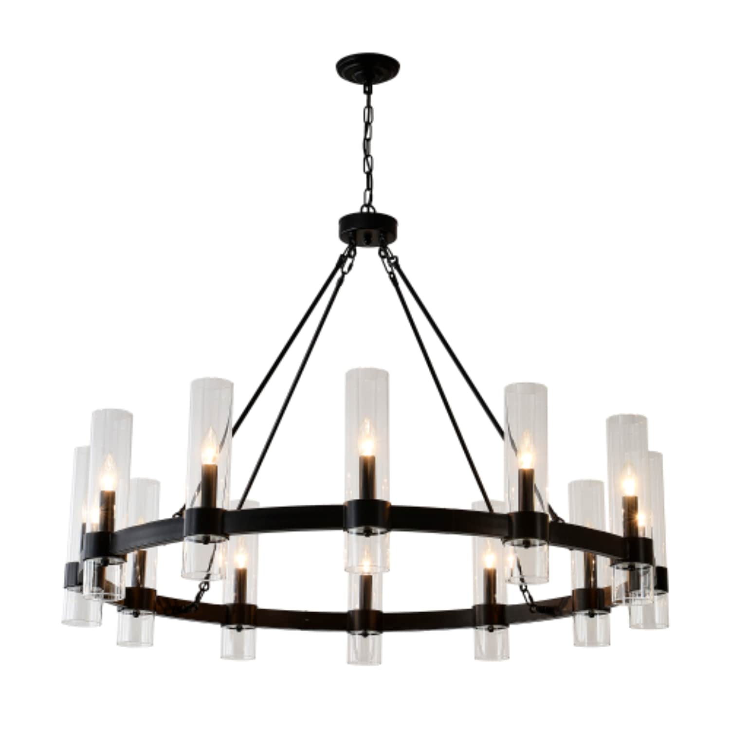ZHLLMQ 12-Light Matte Black Modern Farmhouse Clear Glass Metal Wagon Wheel Non-LED Chandelier