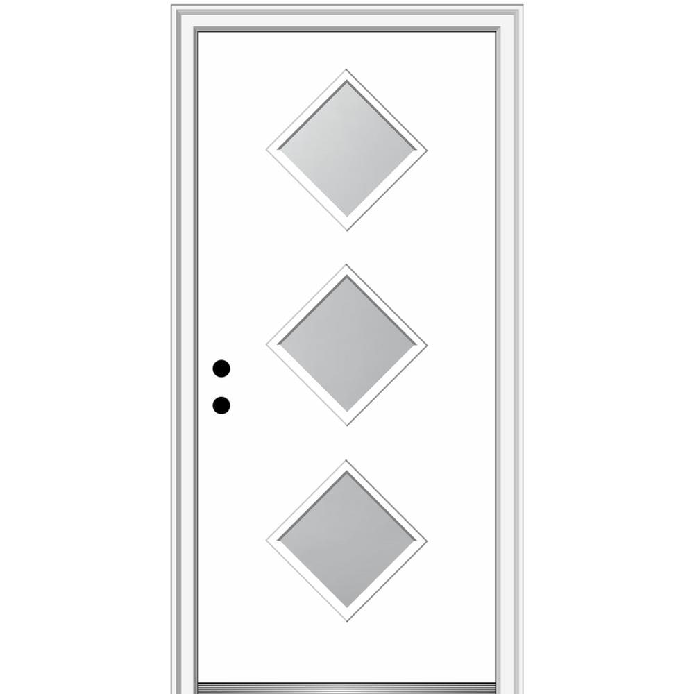 MMI DOOR ZZ347637R Spotlights 32-in x 80-in x 4-9/16-in Fiberglass Pulse lite Right-hand inswing Brilliant White Painted Prehung Front Door with Brickmould Insulating core