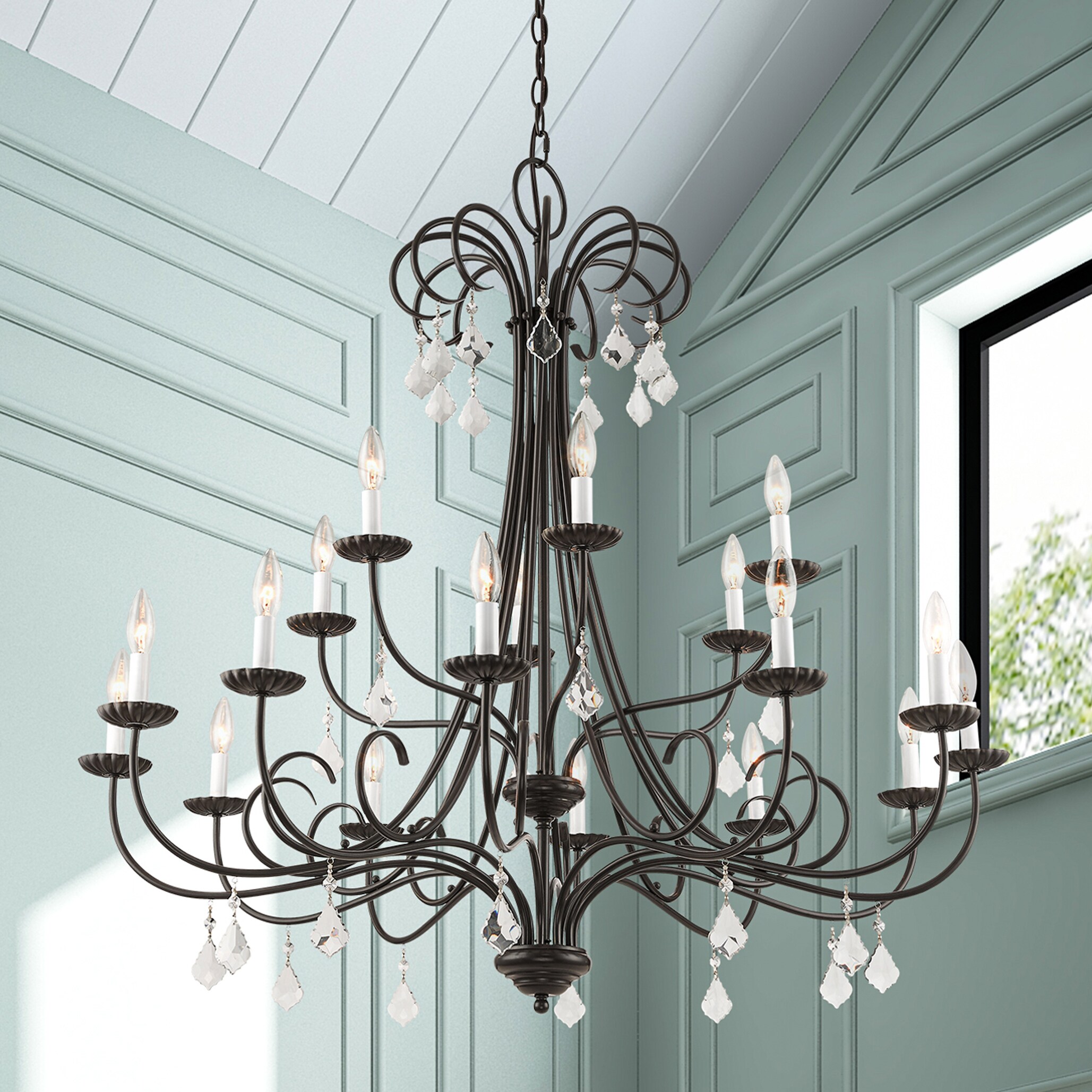 Daphne English Bronze 18-Light Chandelier with Teardrop Crystals
