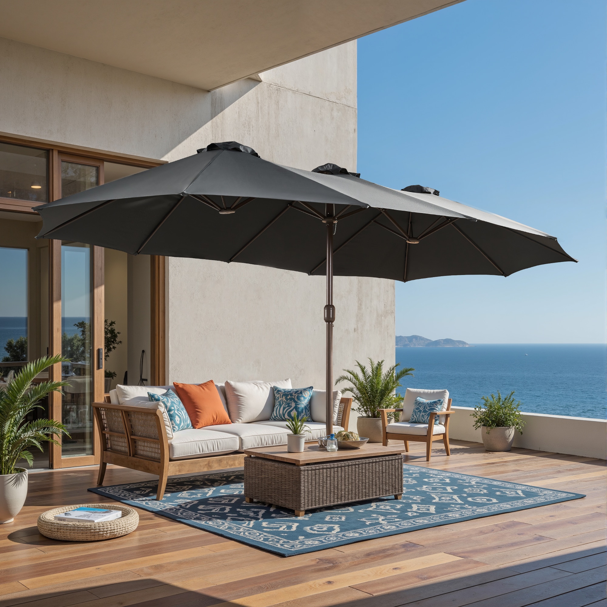 Ovios MI200 14.5-ft Steel Dark gray No-tilt Market Patio Umbrella with Base