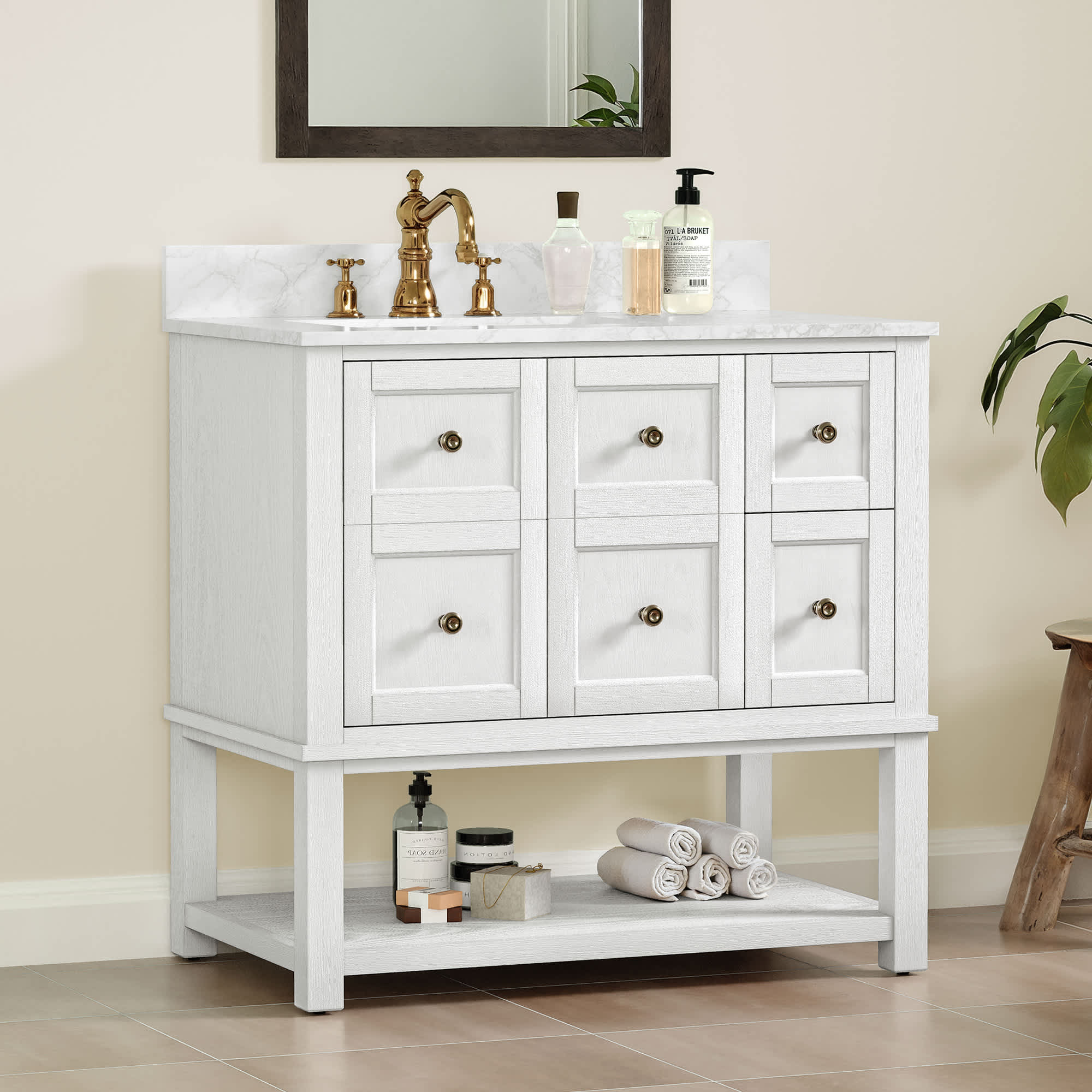 Hosworth 48 Inch Single Bathroom Vanity with 6 Drawers, Marble Top Bathroom Vanity with Sink in White