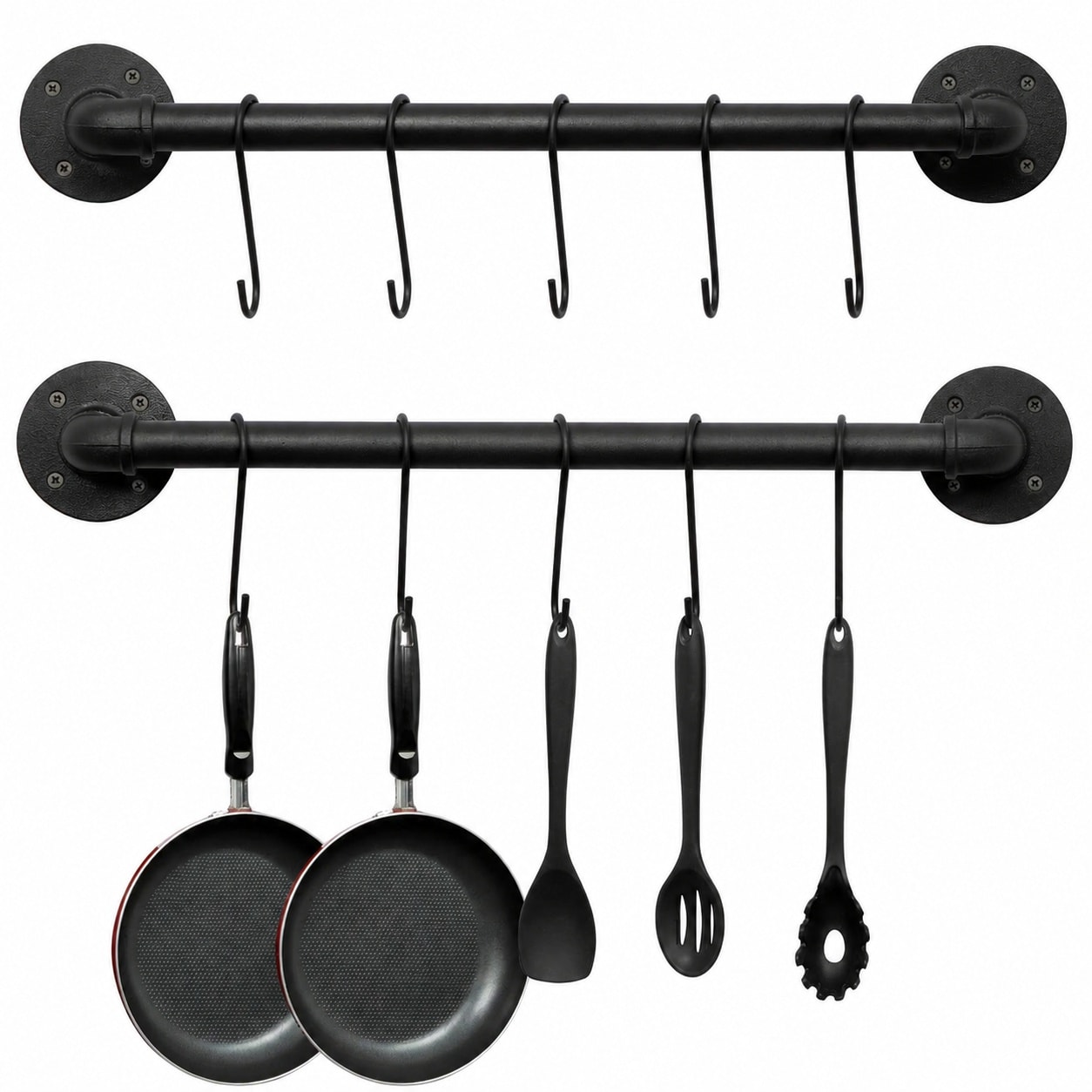 UUDULY  Wall Mounted Pot Pan Rack Set Industrial Kitchen Hanging Rail Iron Pipe Design with 10 S Hooks for Utensils Towels Mugs Plants 21 Inch Set