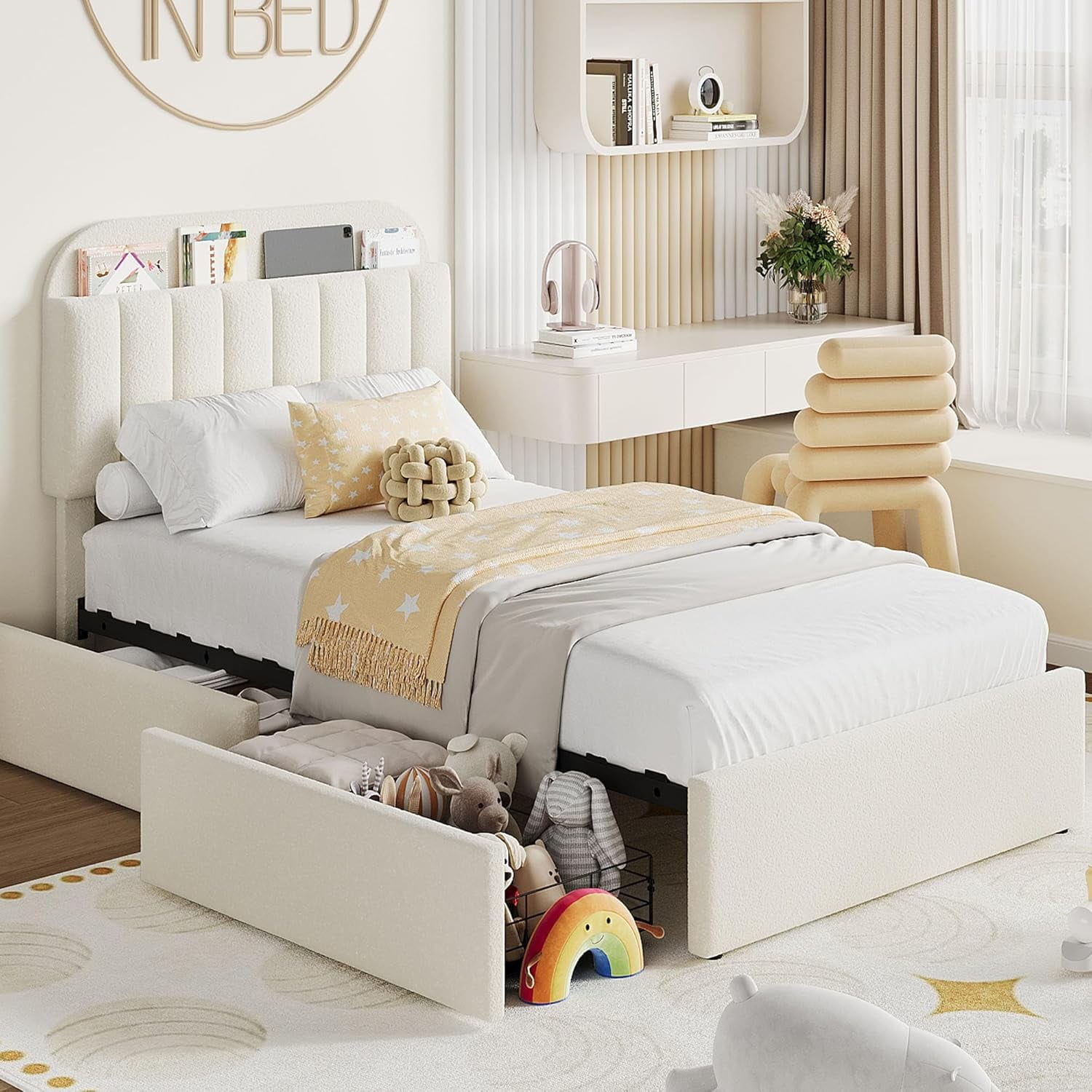 Qeetex Twin Size Bed Frame with Storage Headboard  Bed Frame with 2 Drawers  Boucle Upholstered Platform Bed with Bookcase  Easy Assembly  No Box Spring Needed  Beige White