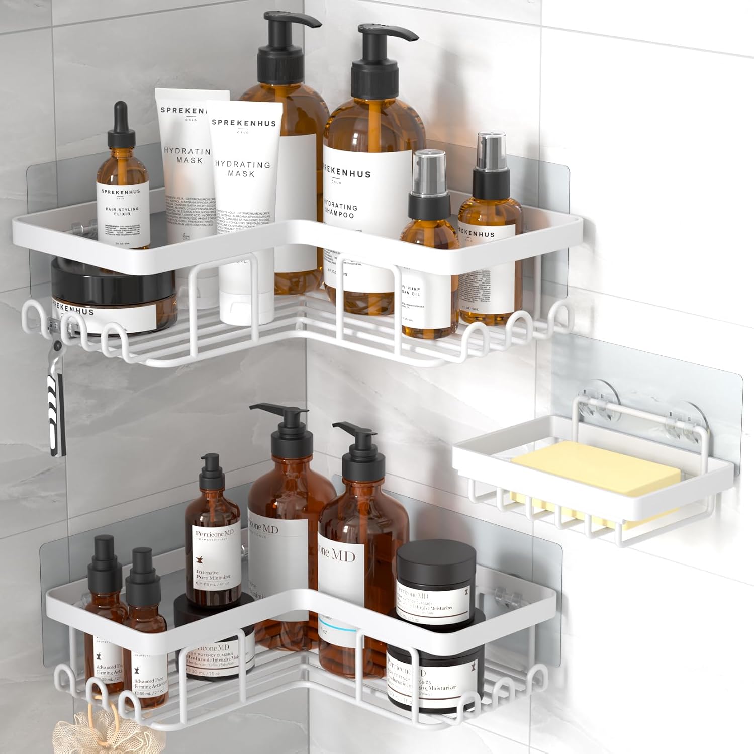 Fredees Corner Adhesive Shower Caddy 3-Pack with Soap Holder and 12 Hooks Rustproof Stainless Steel No-Drill Wall Mounted Bathroom Organizer Rack White