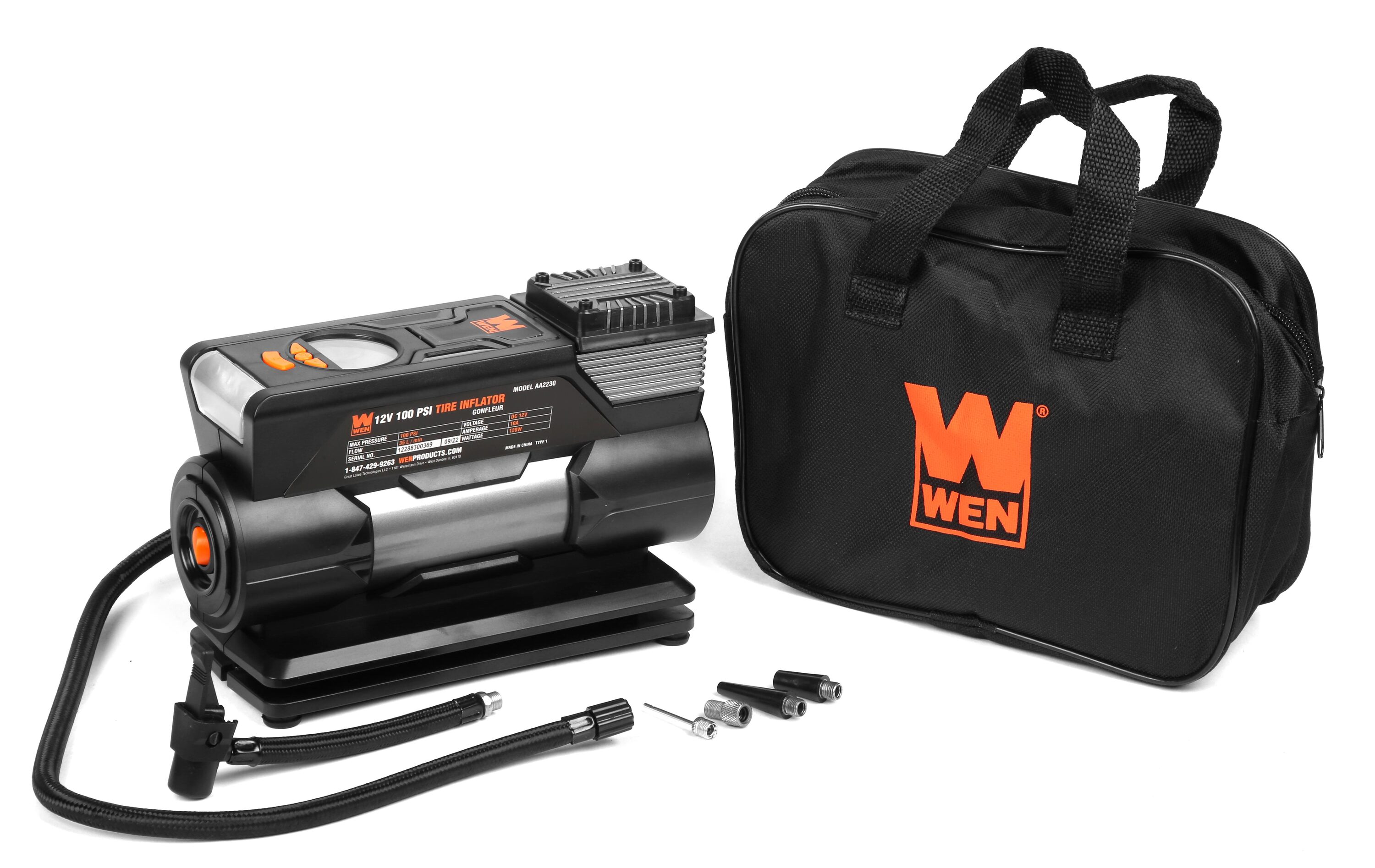 WEN AA2225 12V 90 PSI 0.8 CFM Portable Air Compressor and Tire Inflator with Carrying Case