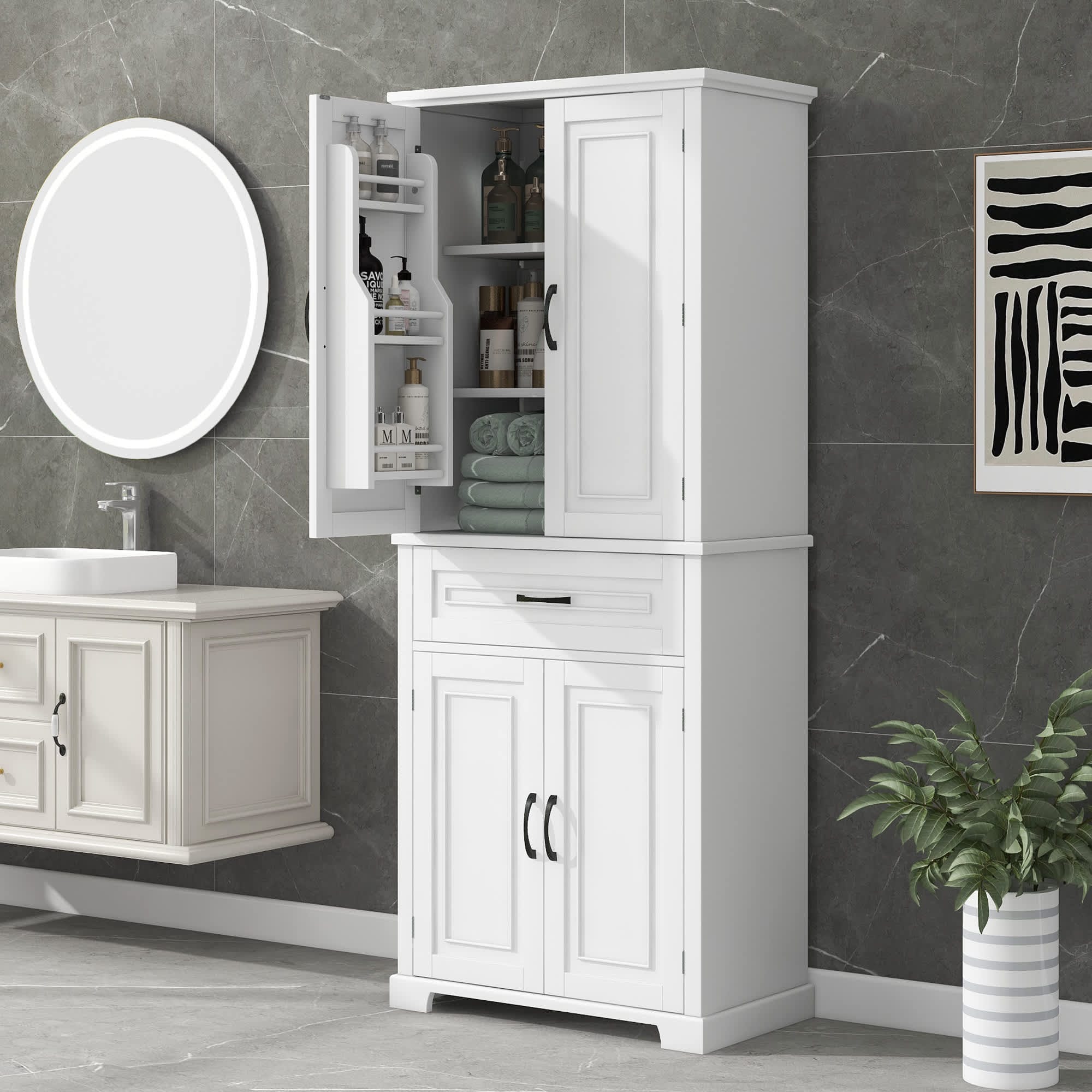 Roomfitters  Bathroom Storage Cabinet with Door Drawer Adjustable Shelf and Multi Compartment Organizer White