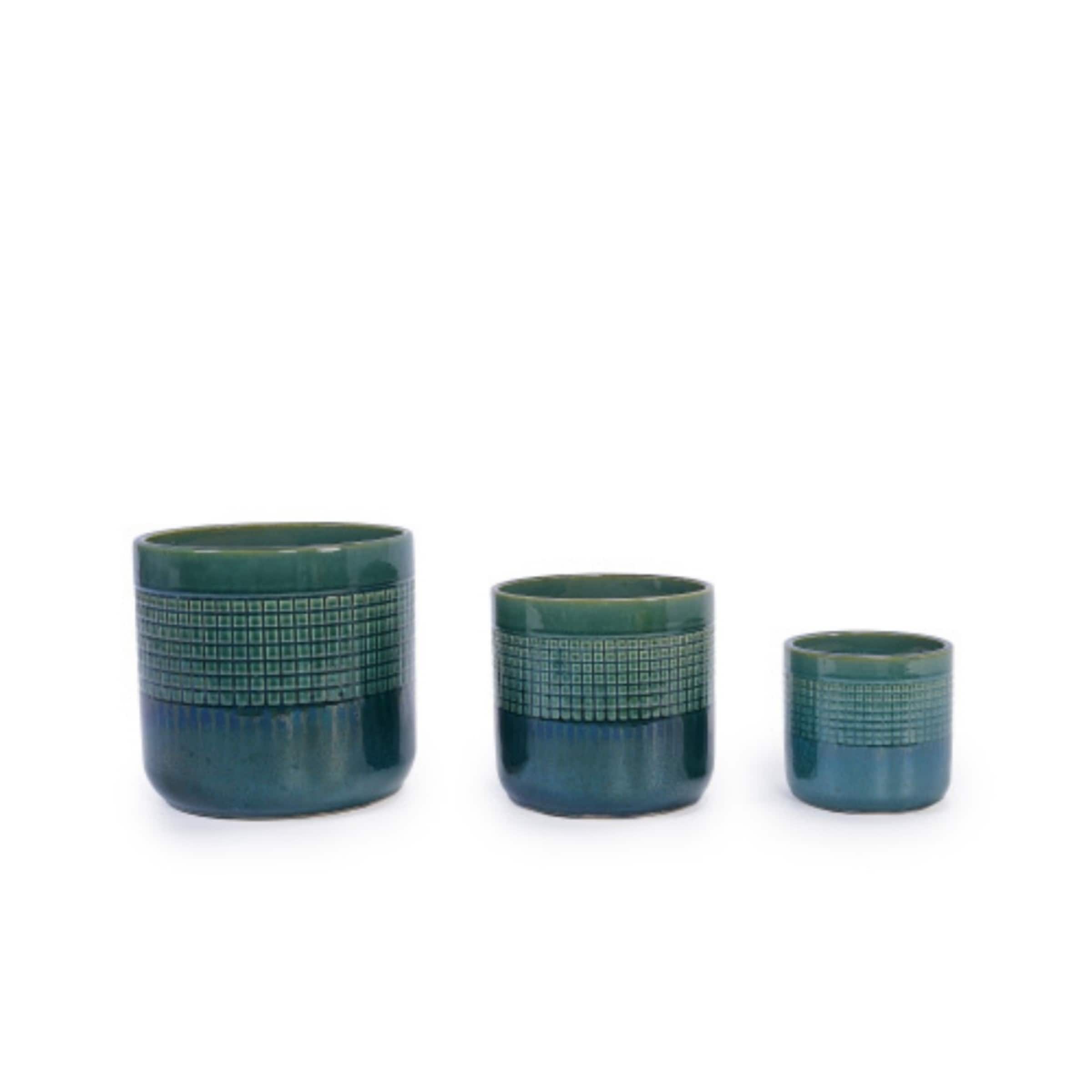 GlasFlength LOSM-PT-015 Planters Set of 3 Grid Ceramic Flowerpot with Drainage Hole Modern Planter for Patio Garden Windowsill Green
