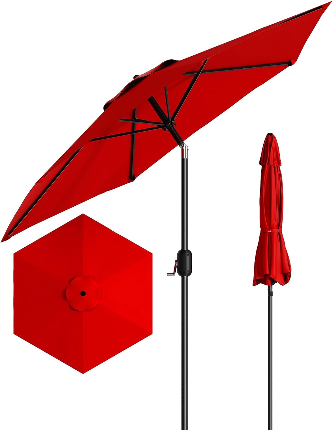 Qeetex PATIO-PPGGJAC 7 Point 5ft Square Outdoor Patio Umbrella With UV Protection Water Resistant Polyester Crank Lift Adjustable Tilt Heavy Duty Iron Frame With 6 Ribs Vented Canopy For Deck Garden Pool Table Red