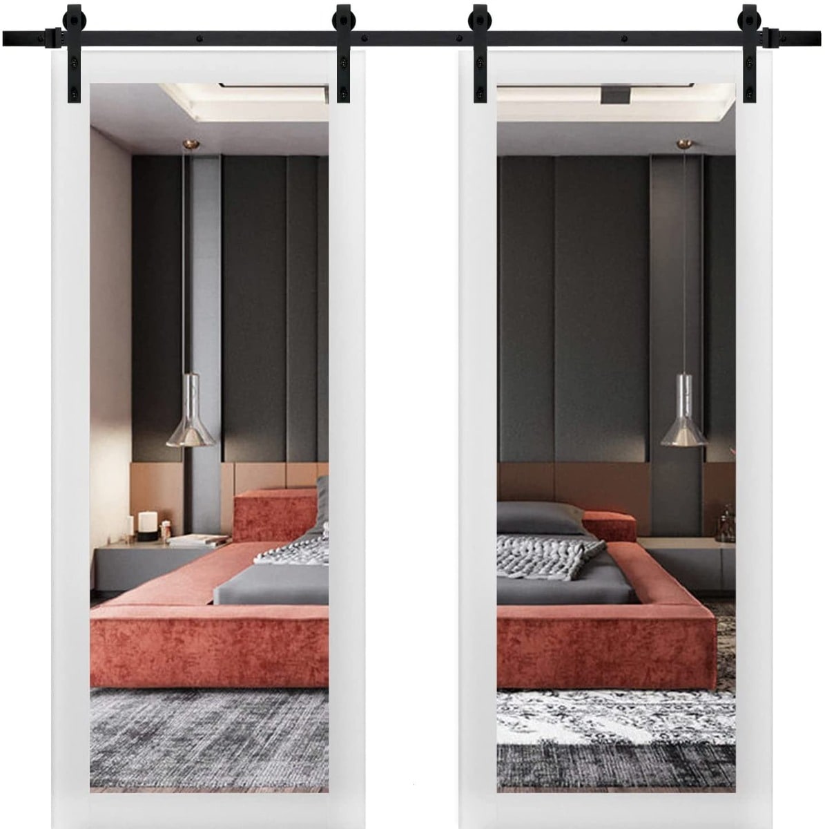 SARTODOORS Interior Double Barn Doors - Lucia 1299 White Silk -72x80 -Black Rail-Mirror