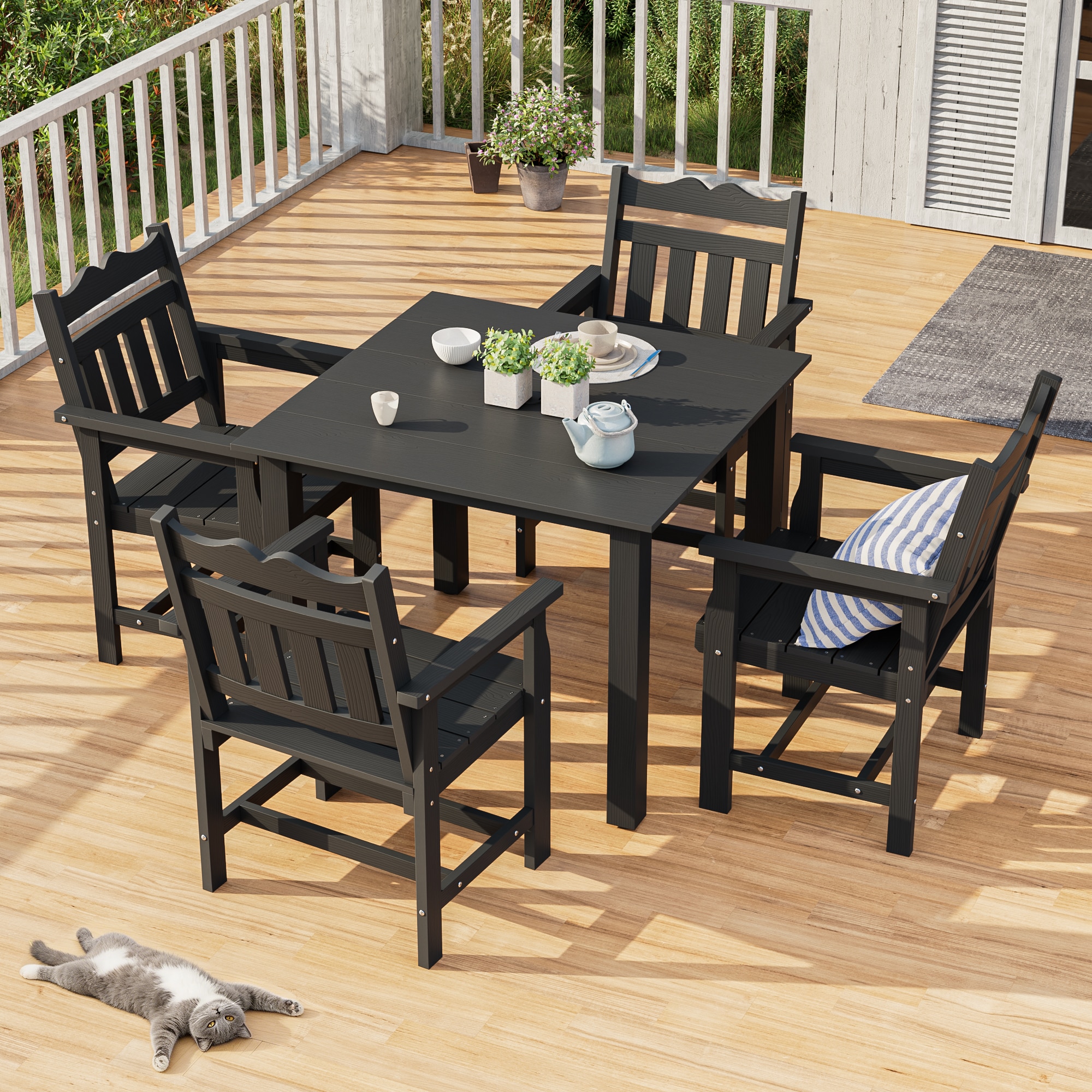 Sonkuki - HIPS Table 5 -Piece Black Patio Dining Set Plastic Square Table with 4 Stationary Chairs