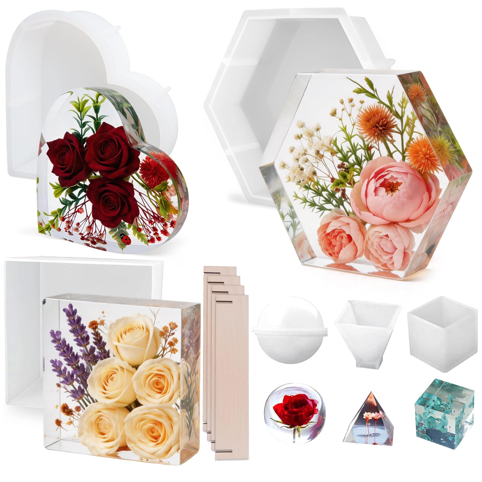 Linder Group Inc Resin molds silicone Set for flower preservation bookends DIY art square heart hexagon large and small casting molds 6 pcs