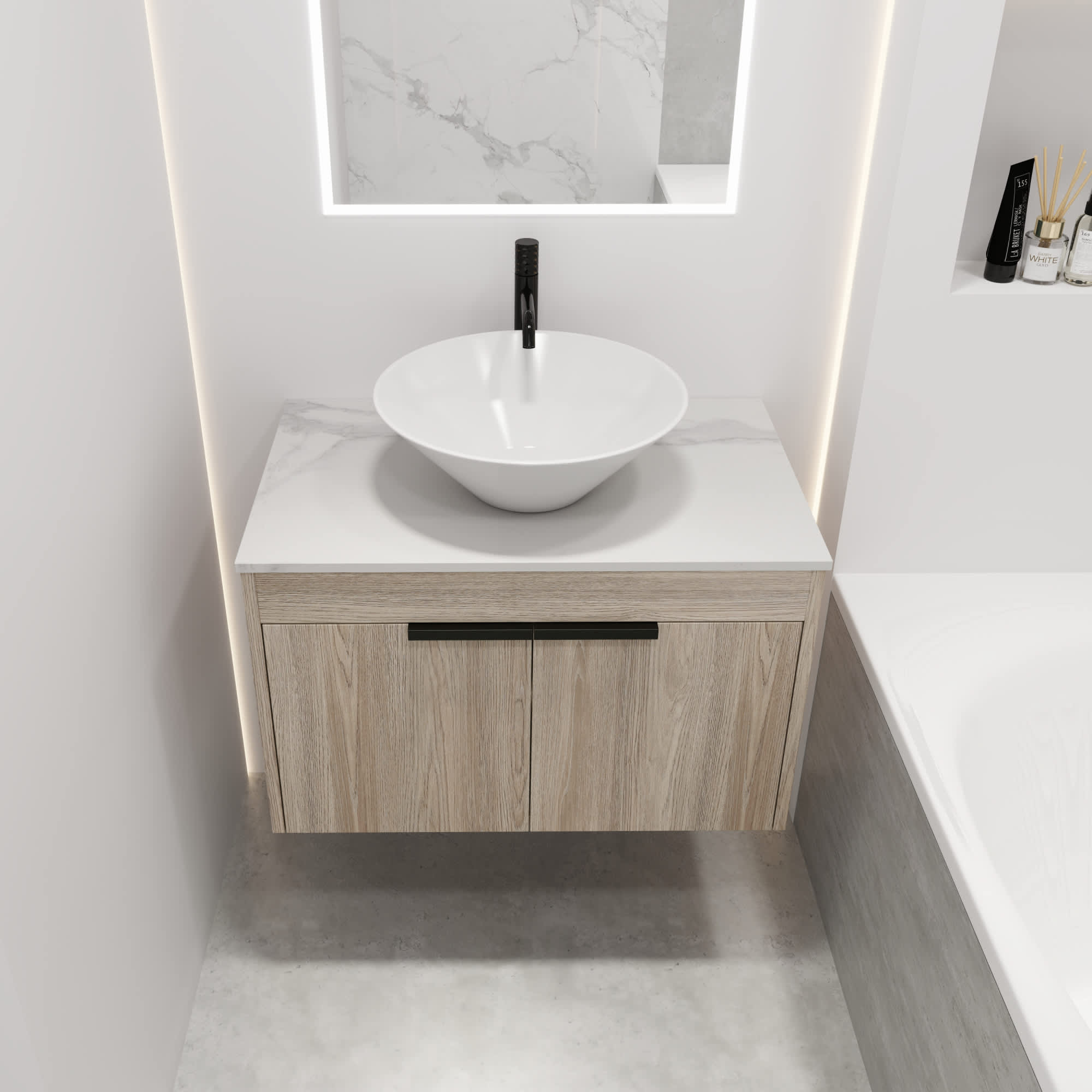 Roomfitters  30 Inch Modern Floating Bathroom Vanity Ceramic Vessel Sink White Oak