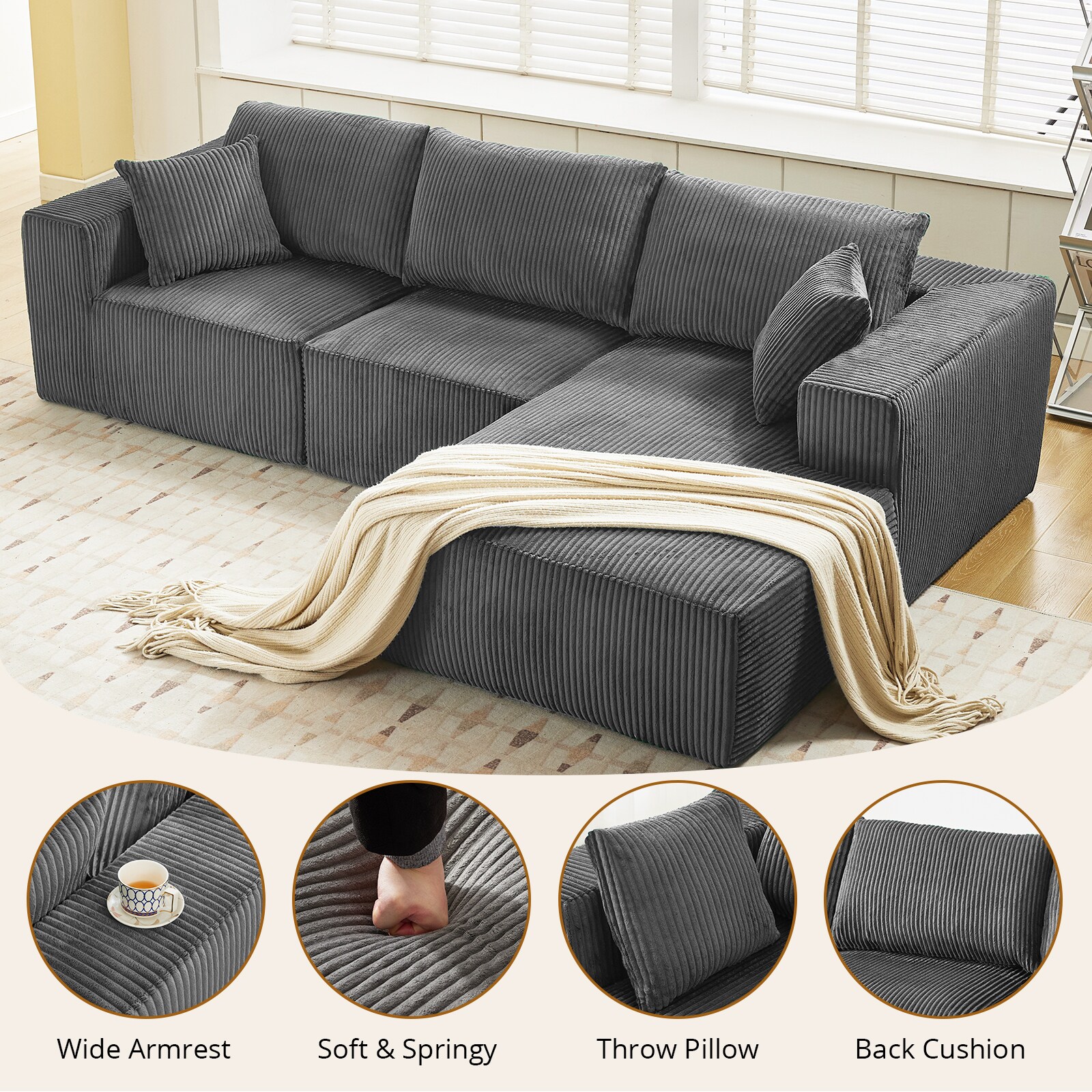 Garvee 108 Inch Gray 3 Piece L Shaped Modular Sectional Sofa Corduroy ...