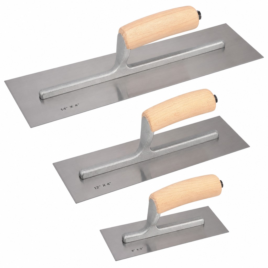 OGETFUUR 3 Piece Carbon Steel Drywall Trowel Set 14 x 4 12 x 4 and 8 x 3 Inch with Lightweight Wood Handle for Sheetrock Wallboard Plasterboard Plastering Masonry Finishing