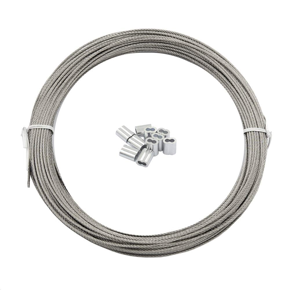 Misopily  Stainless Steel Cable Wire Rope One Sixteenth Inch Diameter 100 ft Roll 92 lbs Load Limit 7x7 Construction with 10 pcs Aluminum Sleeves