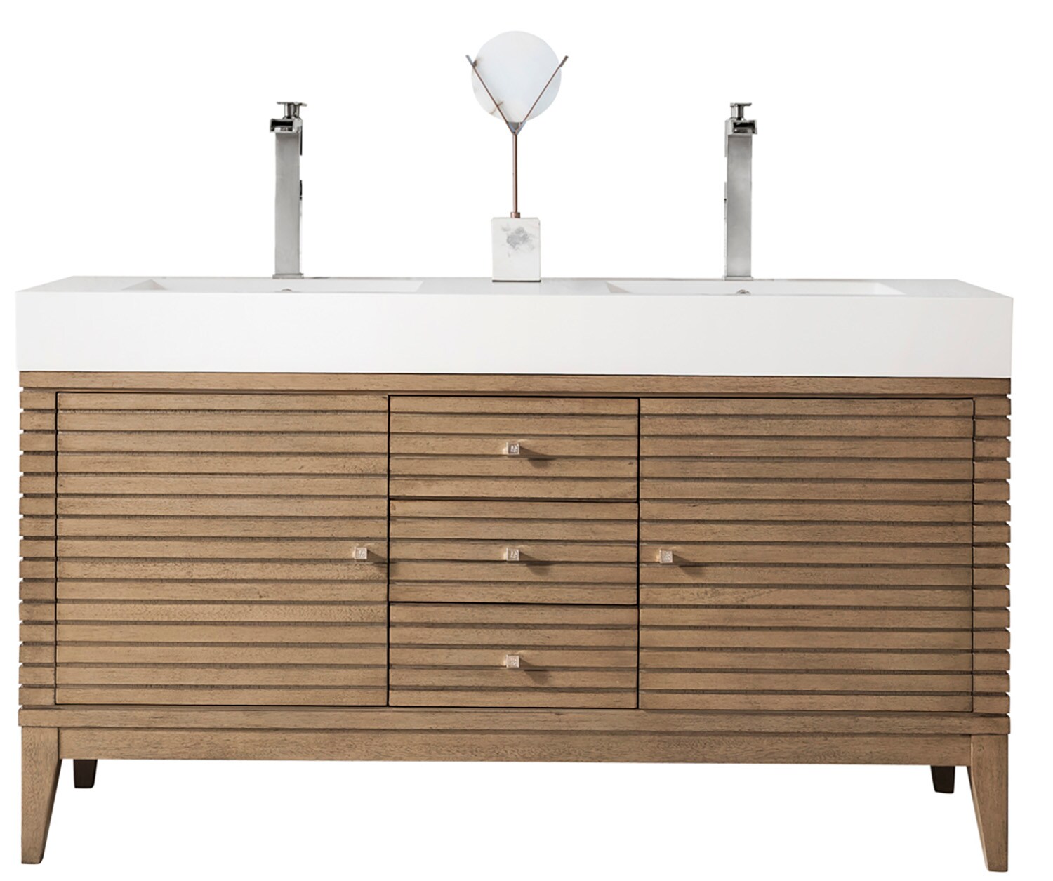 James Martin Vanities 210-V59D-WW-GW Linear 59-in Whitewashed Walnut Double Sink Bathroom Vanity with Glossy White Engineered Stone Top